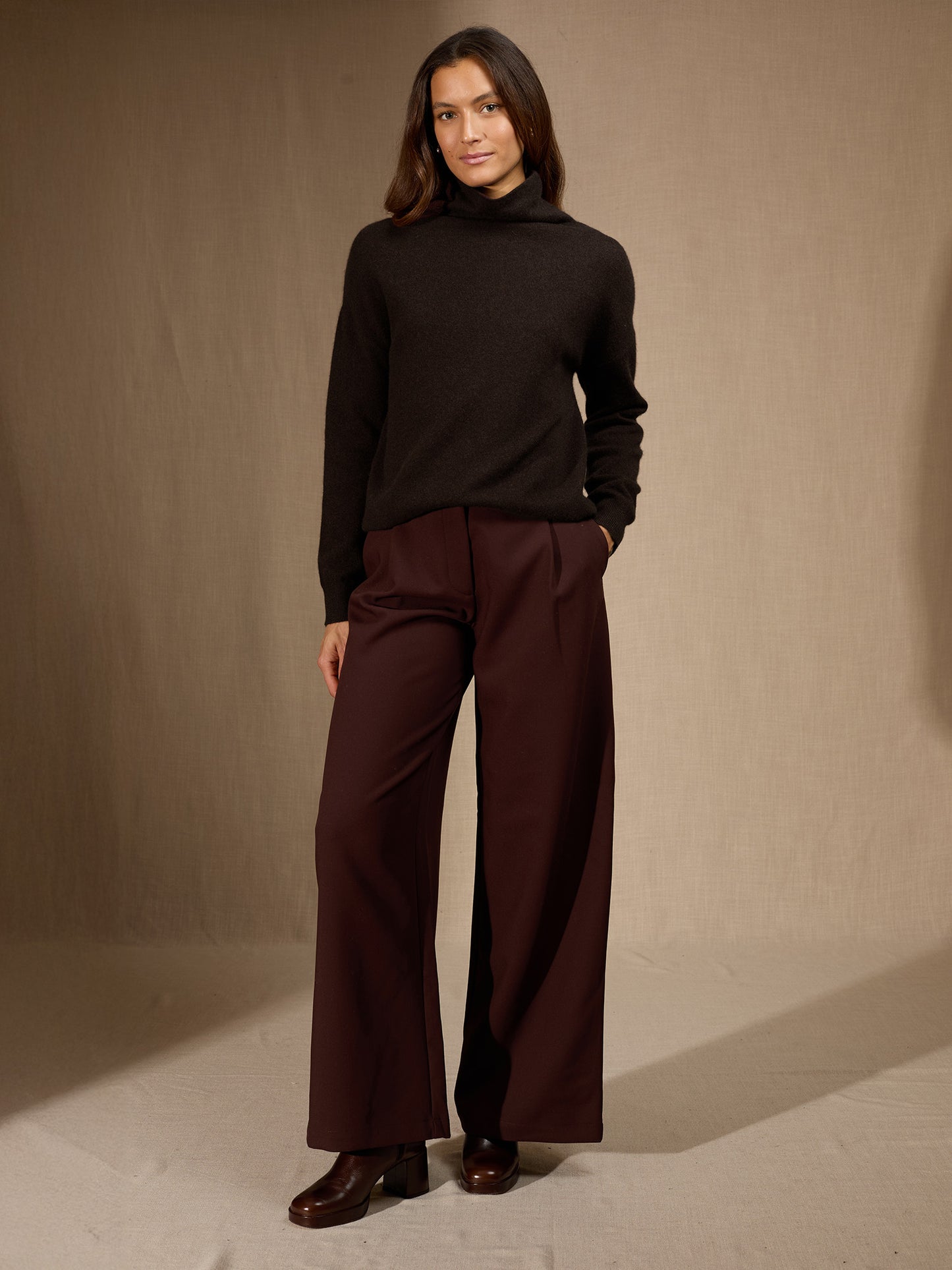 NETHAN pull col montant choco chiné 100% cachemire