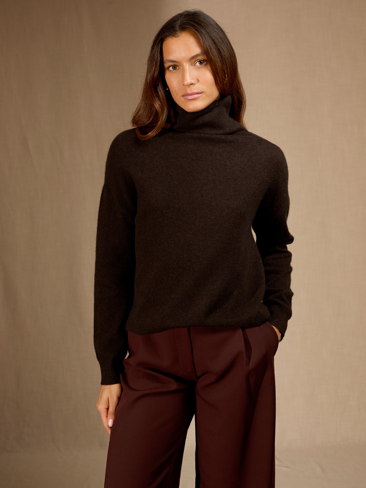 NETHAN pull col montant choco chiné 100% cachemire