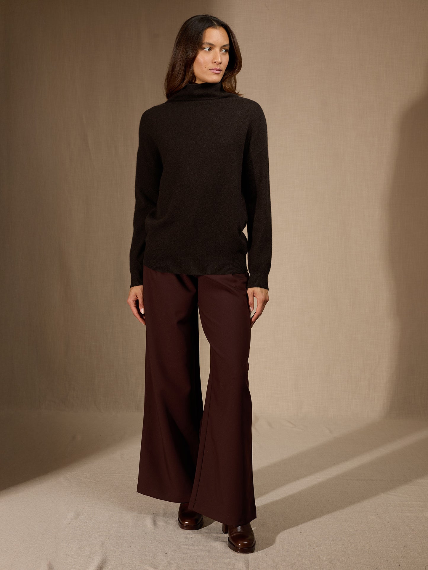 NETHAN pull col montant choco chiné 100% cachemire