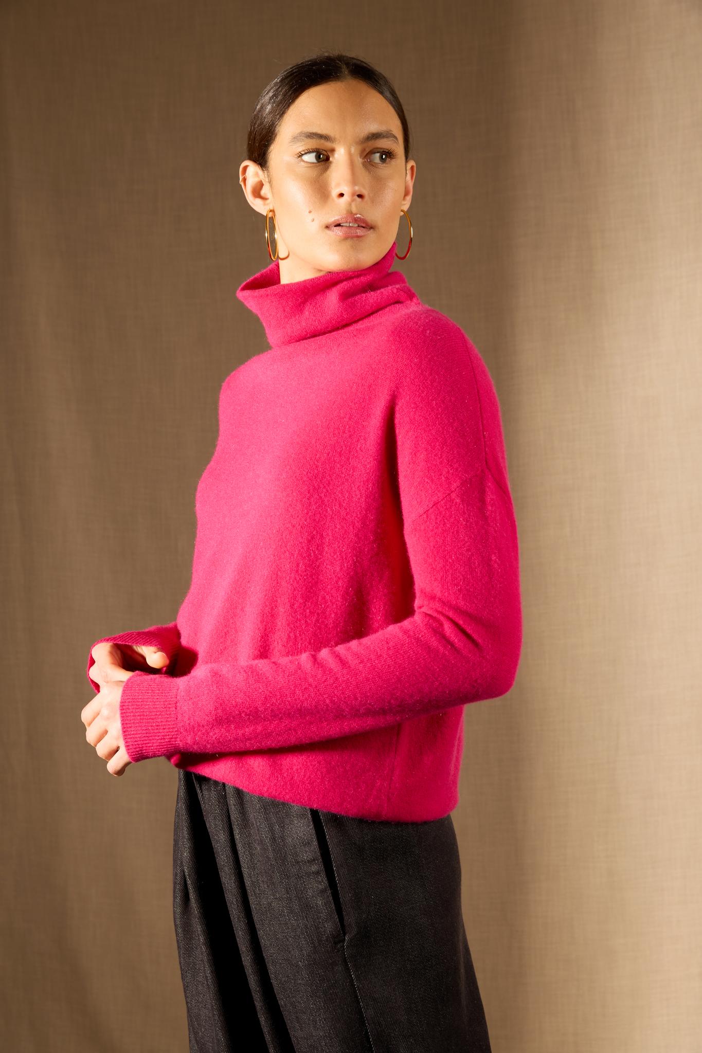NETHAN pull col montant fuchsia 100% cachemire
