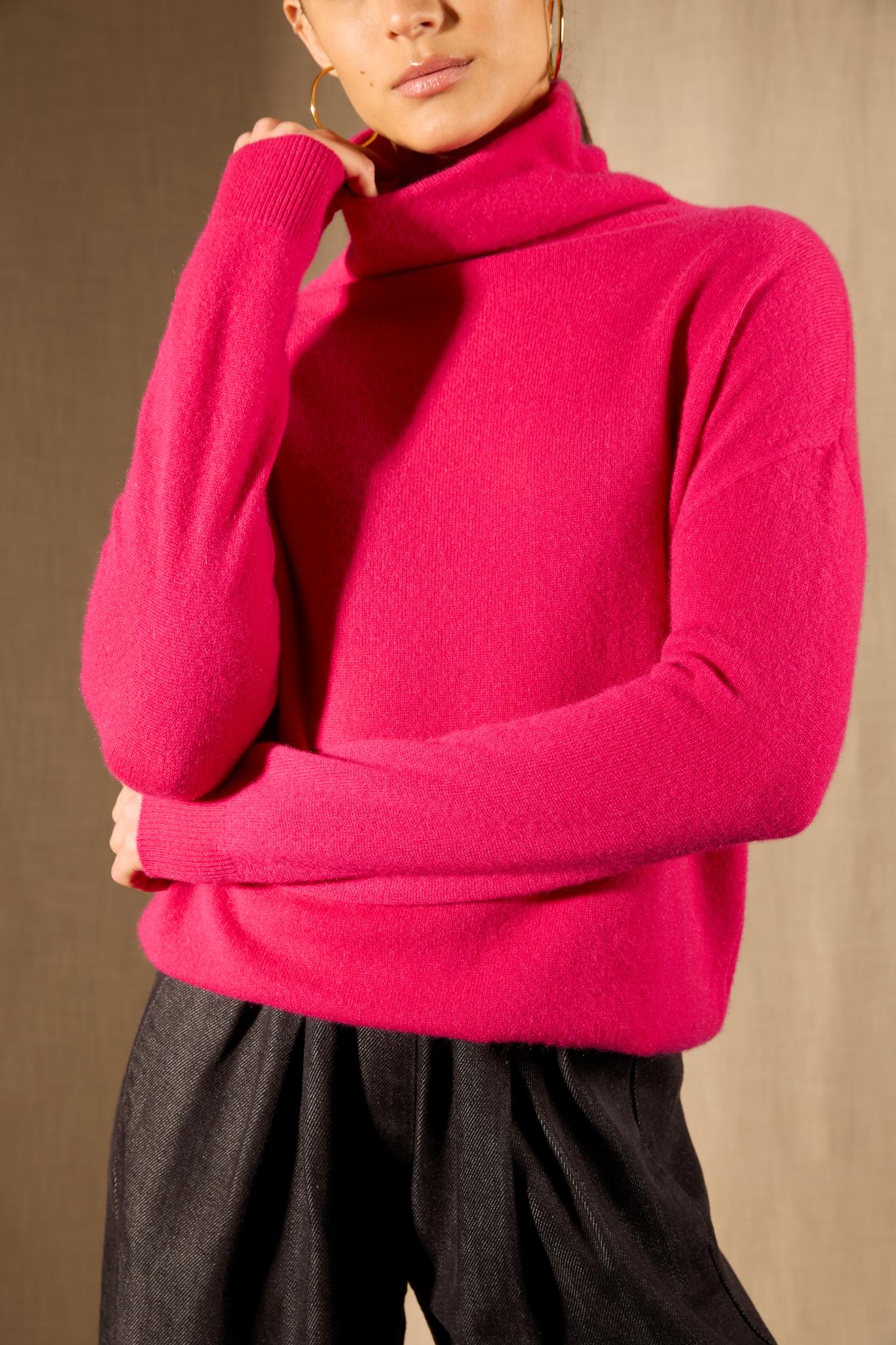 NETHAN pull col montant fuchsia 100% cachemire