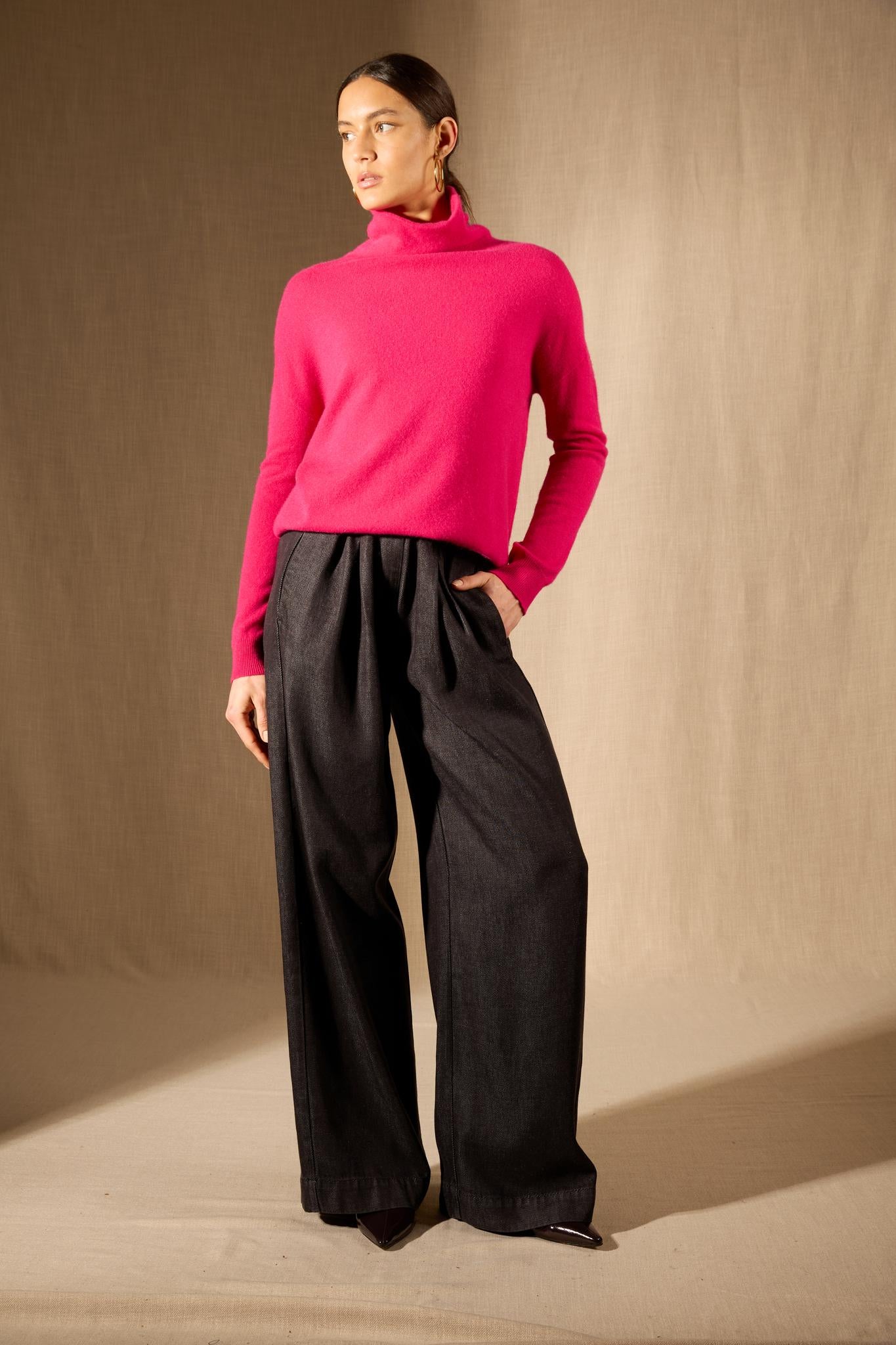 NETHAN pull col montant fuchsia 100% cachemire