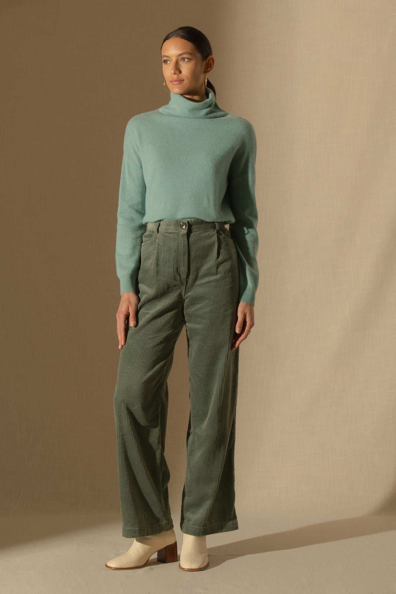 NETHAN pull col montant vert chiné 100% cachemire