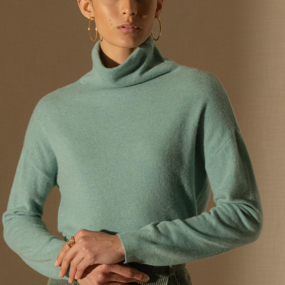 NETHAN pull col montant vert chiné 100% cachemire
