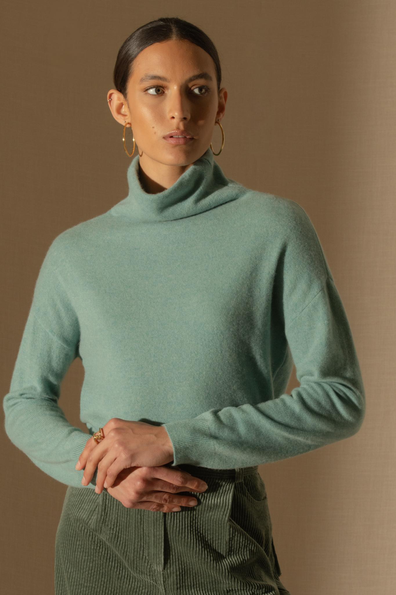 NETHAN pull col montant vert chiné 100% cachemire