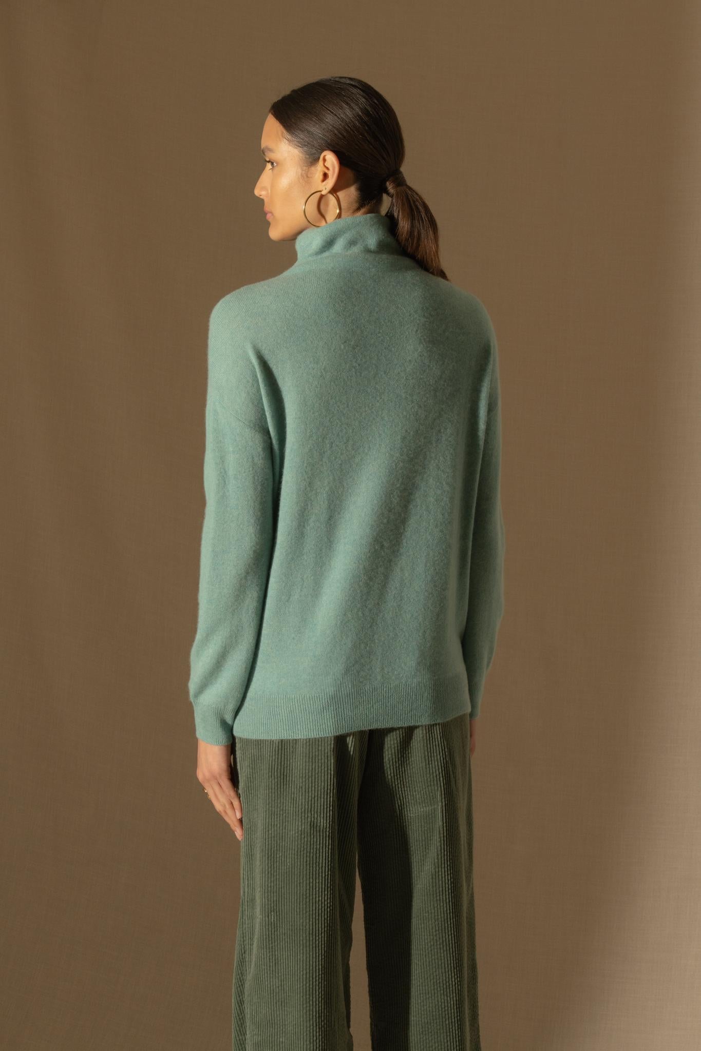 NETHAN pull col montant vert chiné 100% cachemire
