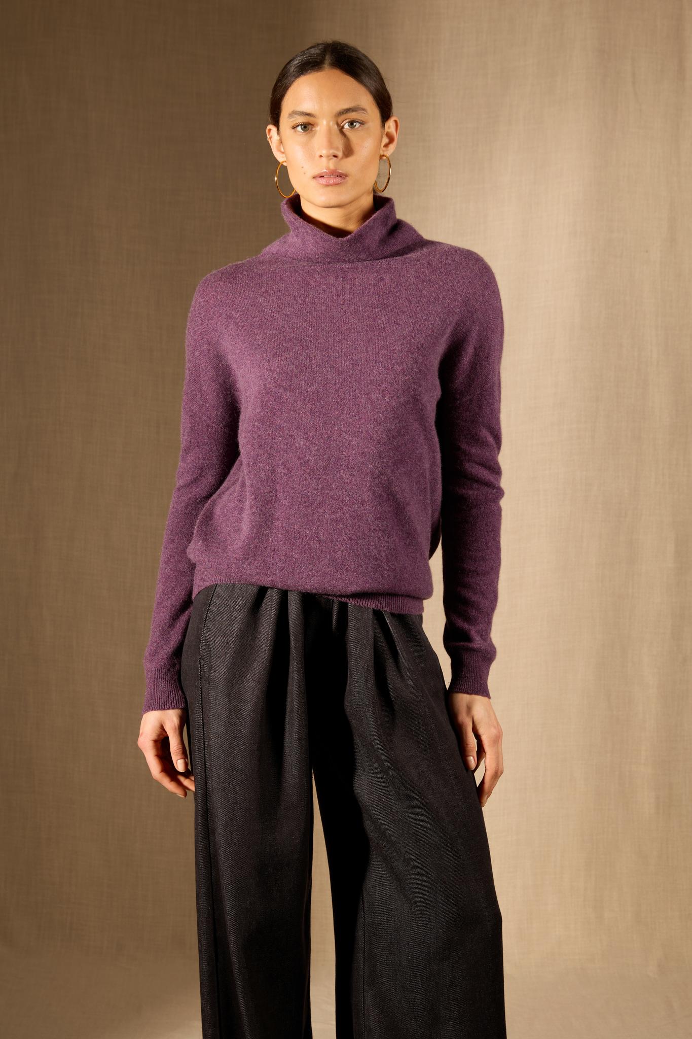 NETHAN pull col montant violet chiné 100% cachemire