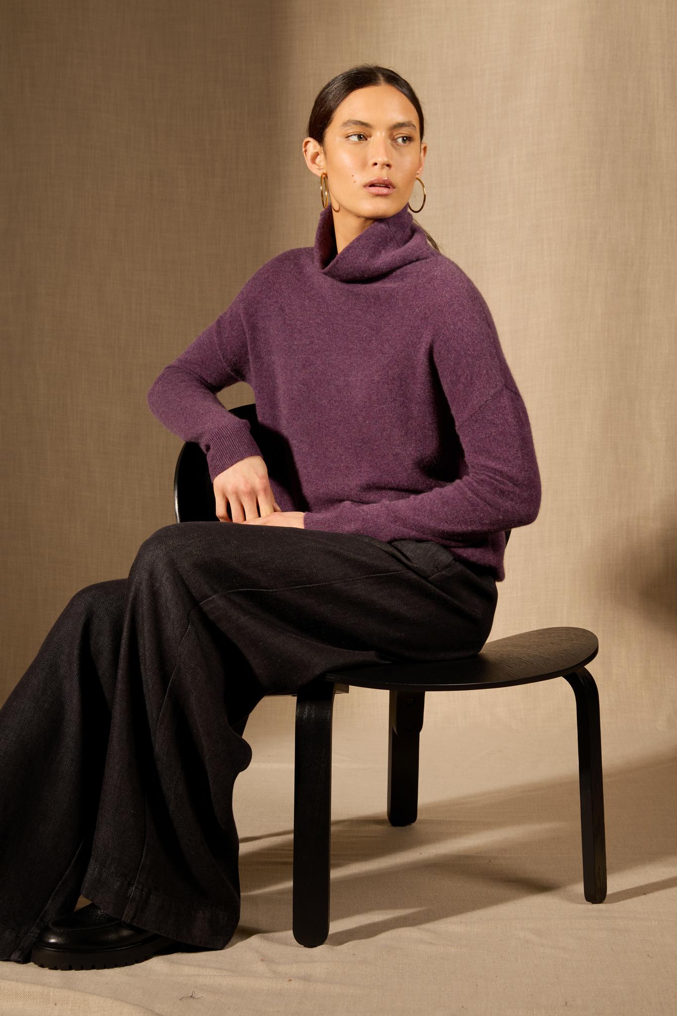 NETHAN pull col montant violet chiné 100% cachemire