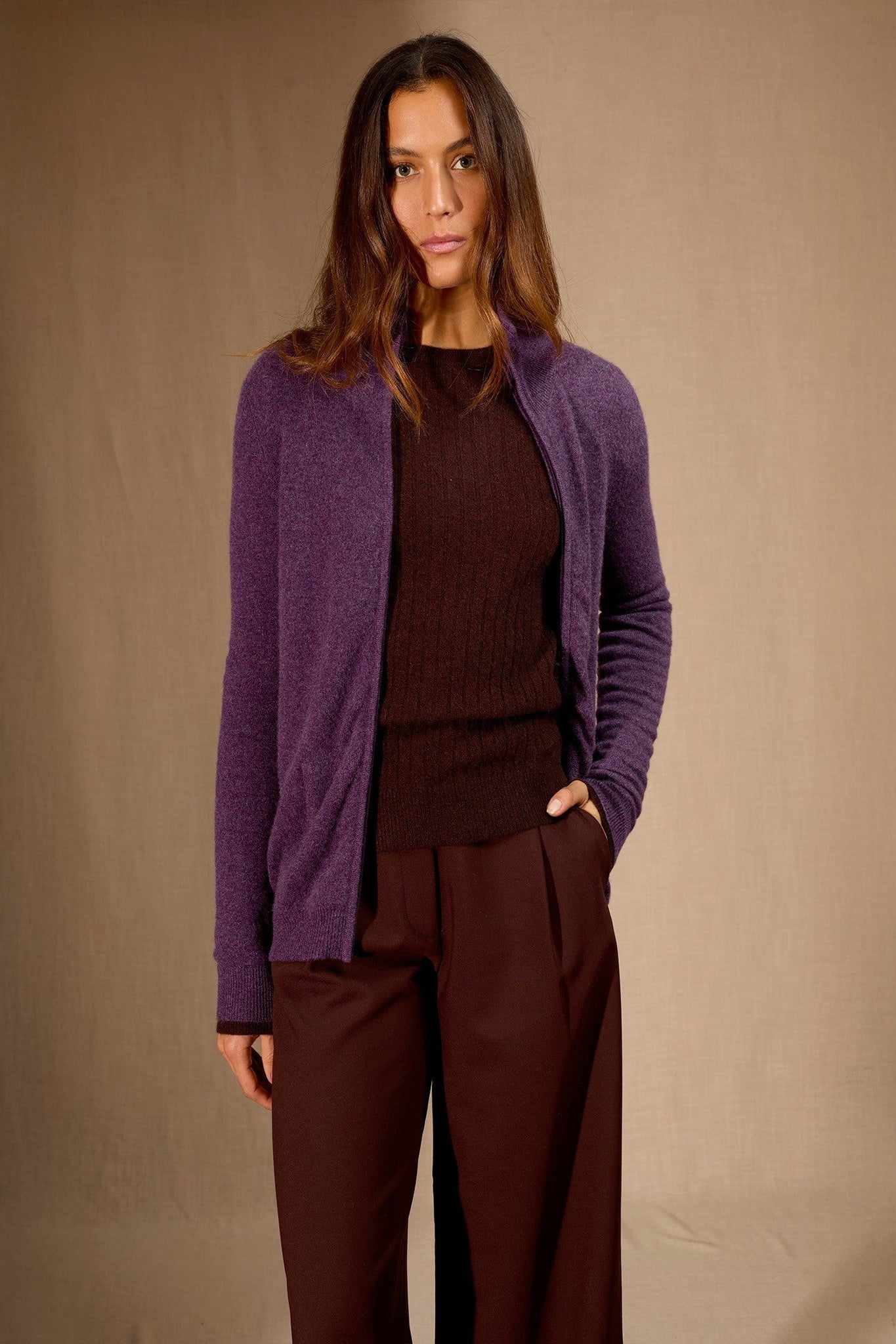 olyra gilet zippé col montant violet chiné 100% cachemire