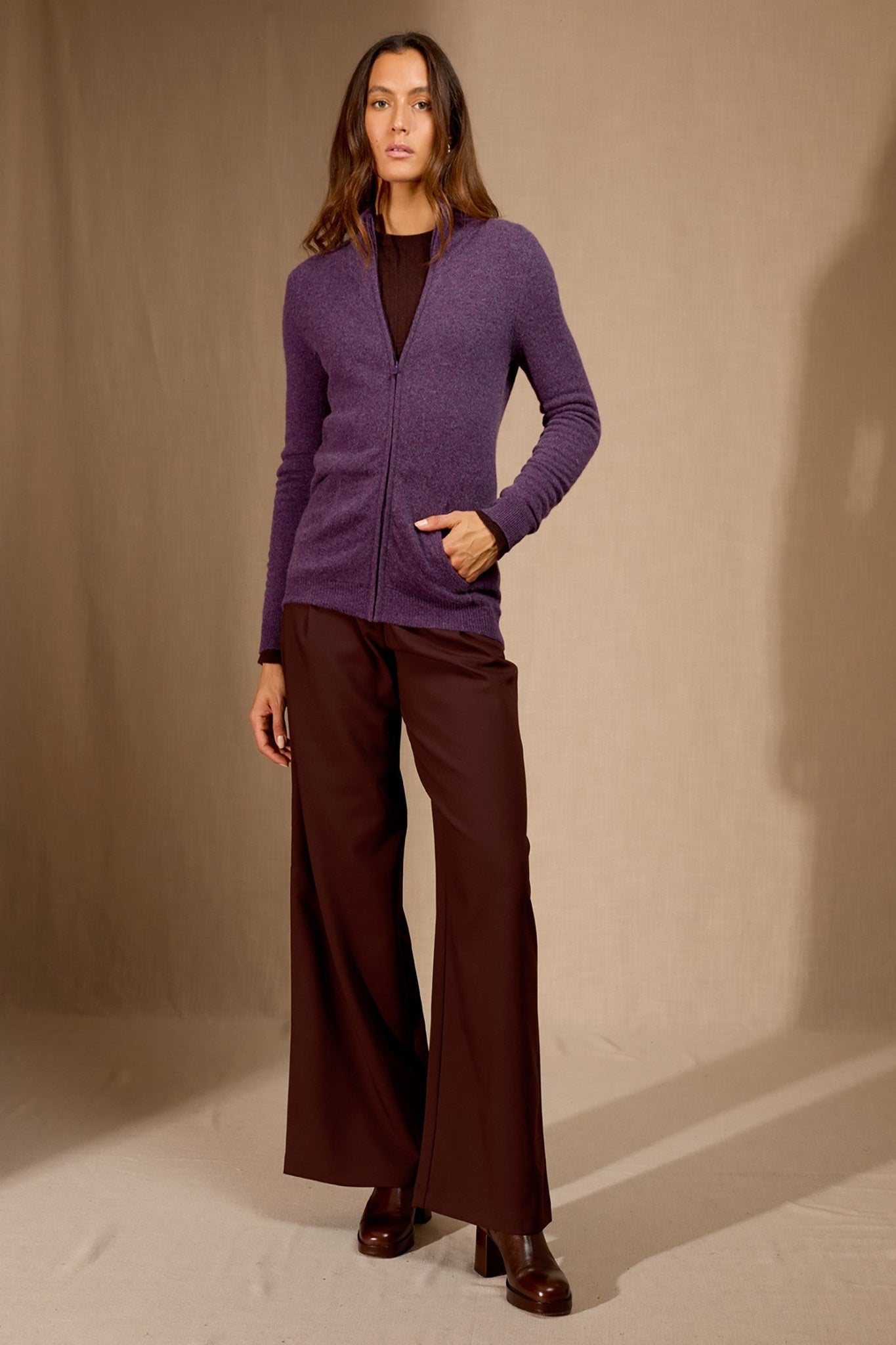 olyra gilet zippé col montant violet chiné 100% cachemire