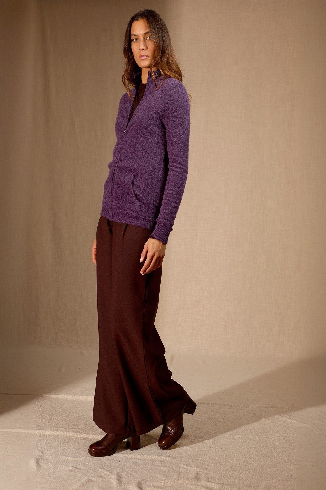 olyra gilet zippé col montant violet chiné 100% cachemire