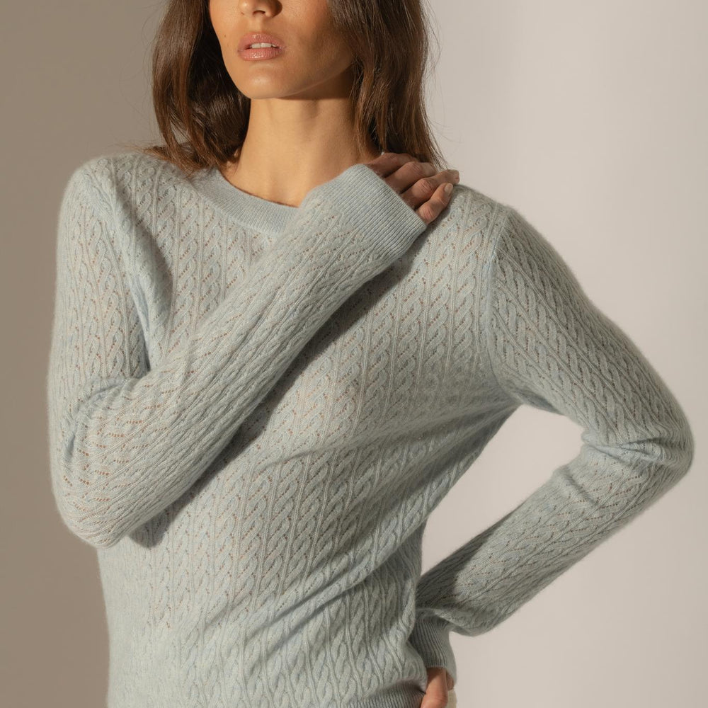 OPAME pull col rond bleu clair chiné 100% cachemire