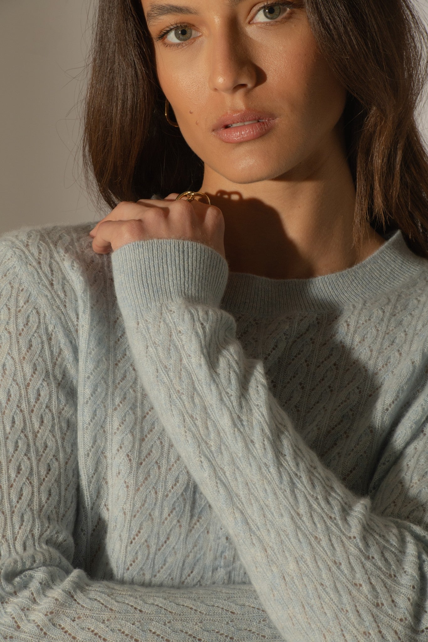 opame pull col rond bleu clair chiné 100% cachemire