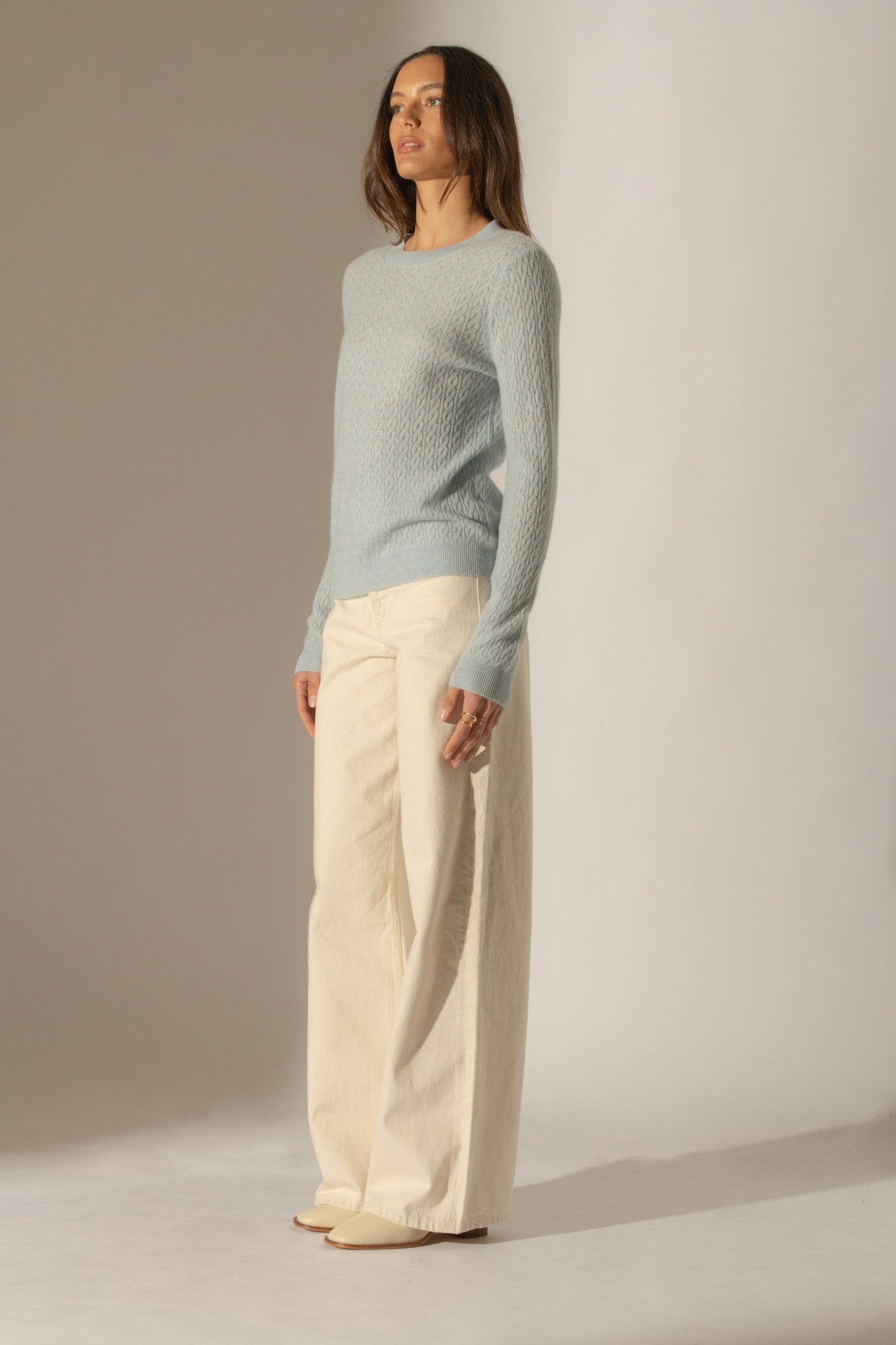 opame pull col rond bleu clair chiné 100% cachemire