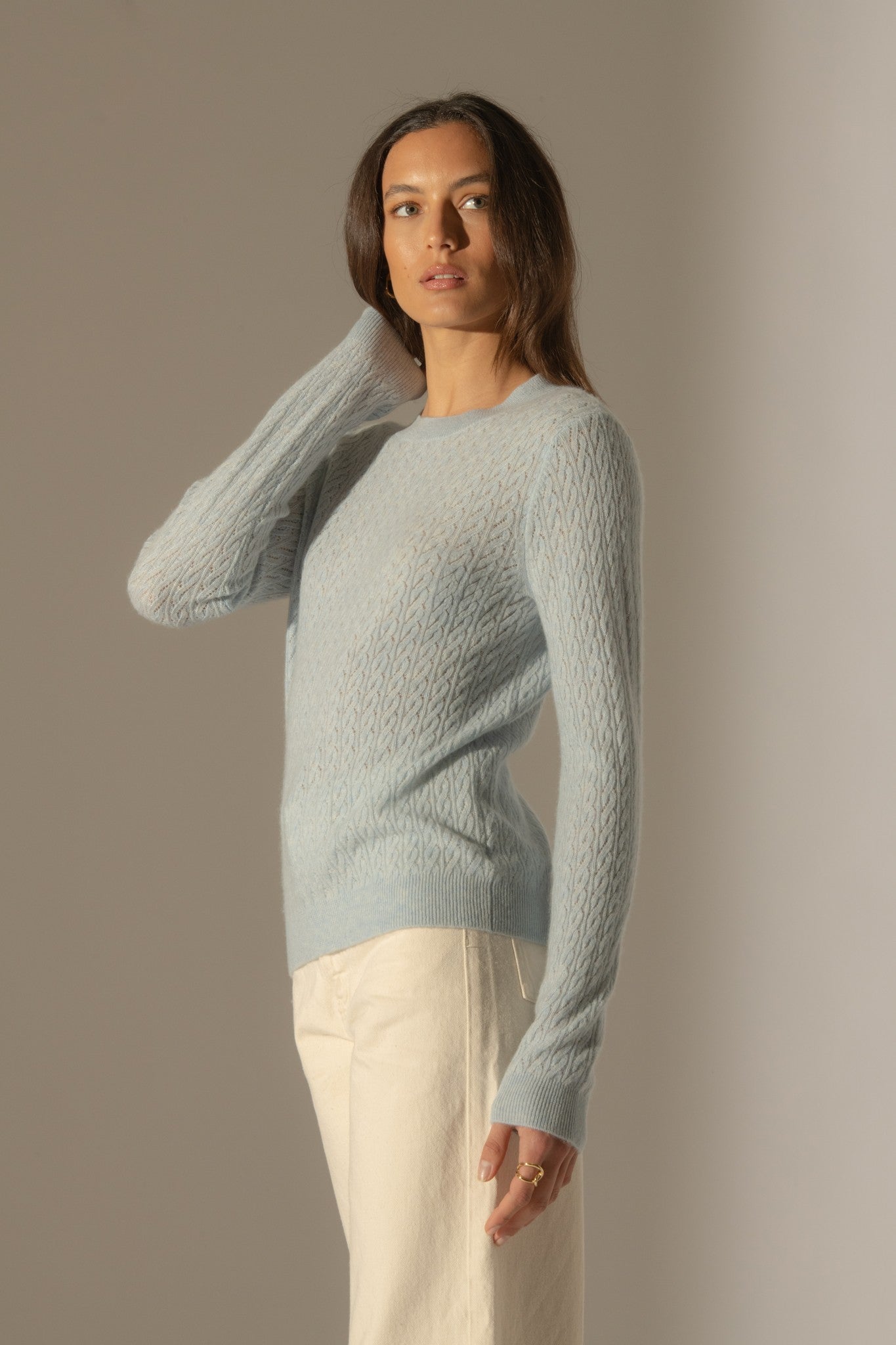 opame pull col rond bleu clair chiné 100% cachemire