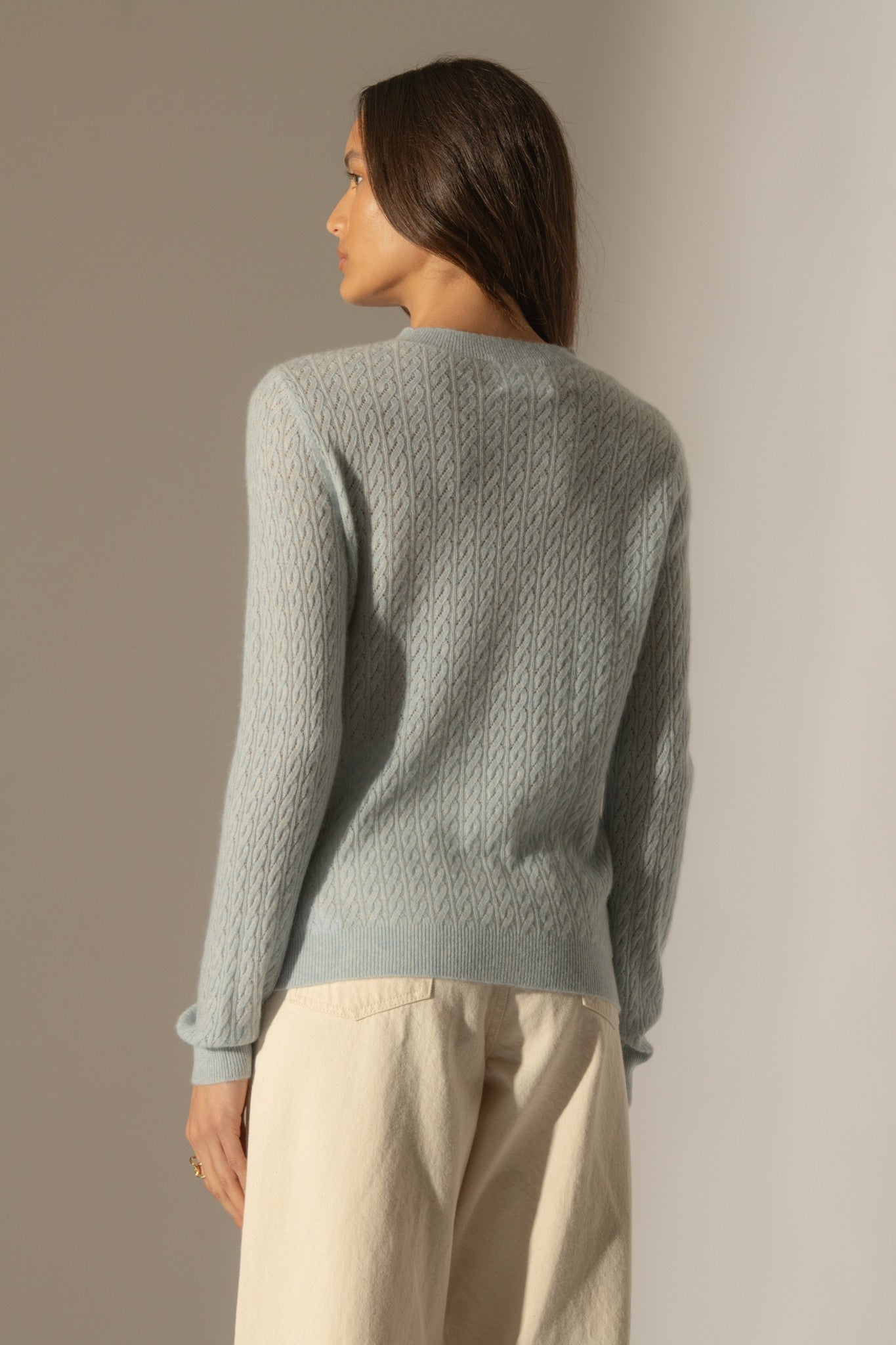 opame pull col rond bleu clair chiné 100% cachemire