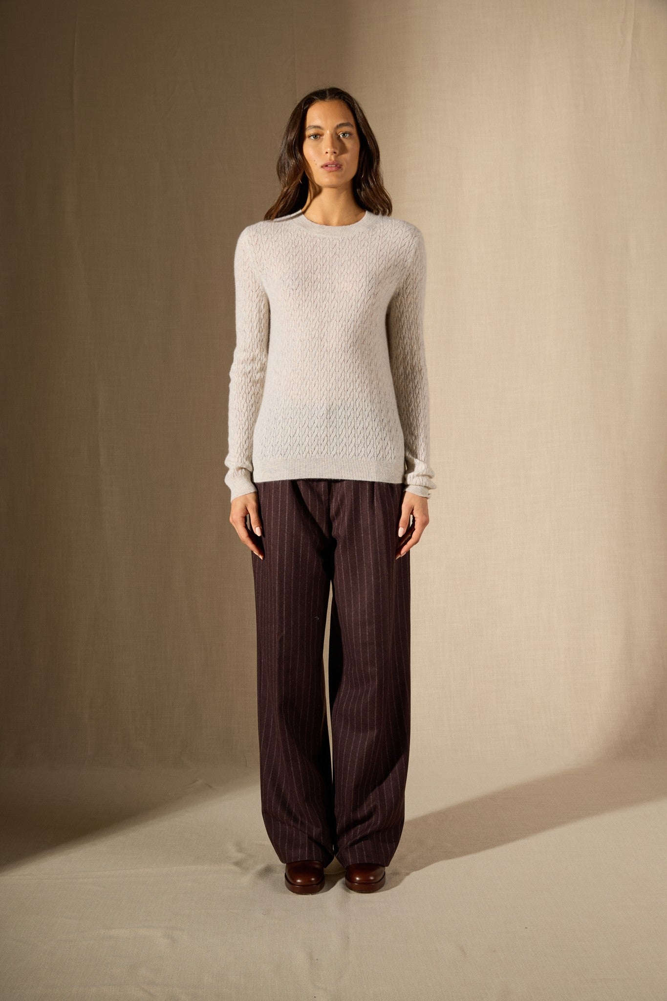 opame pull col rond gris perle chiné 100% cachemire