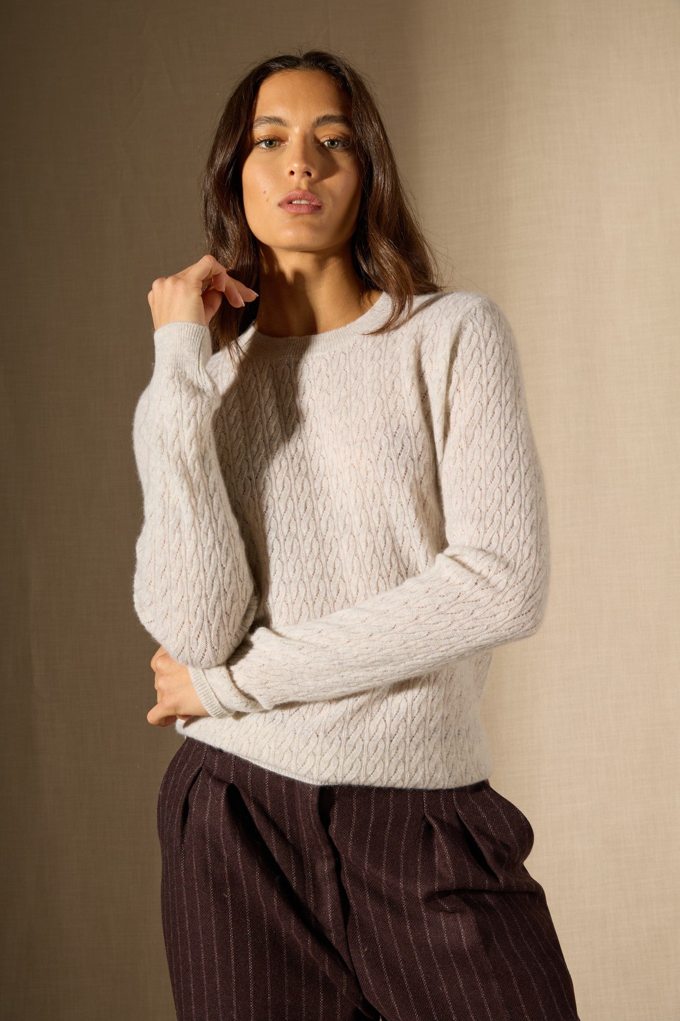 opame pull col rond gris perle chiné 100% cachemire