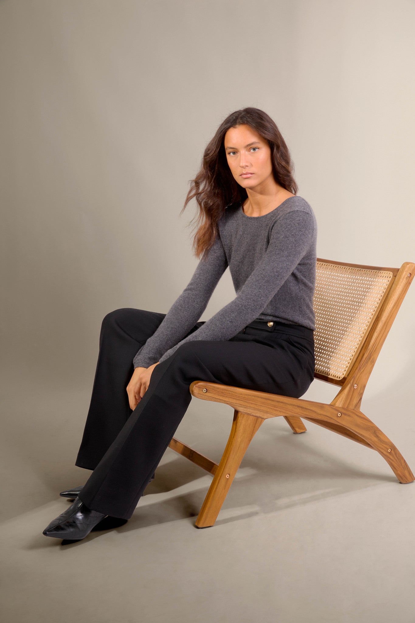 oprah pull col rond anthracite chiné 100% cachemire