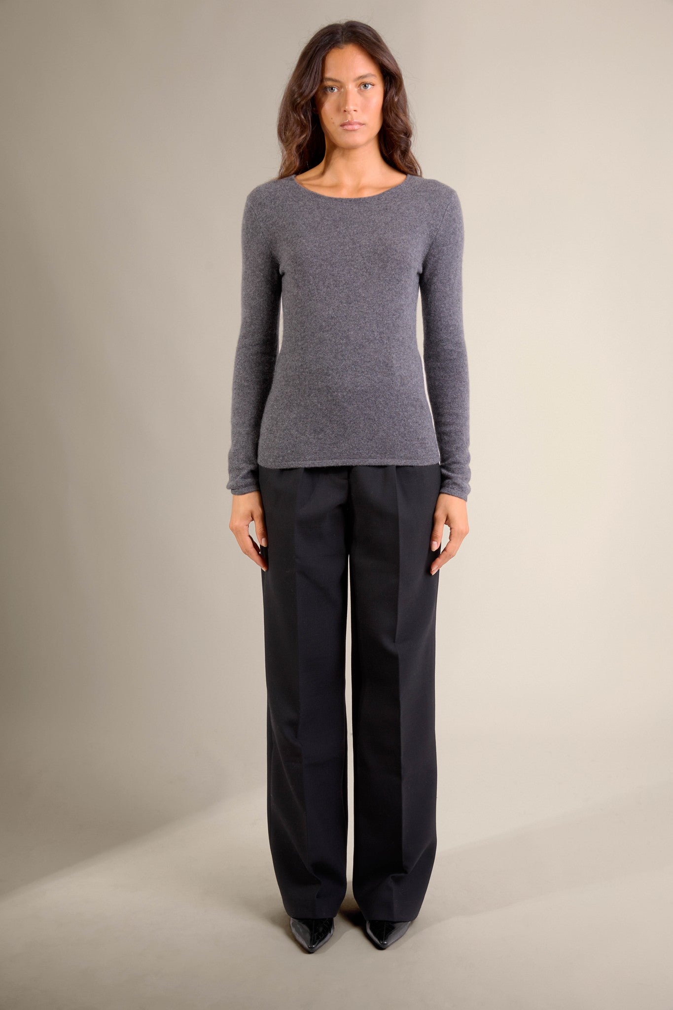 oprah pull col rond anthracite chiné 100% cachemire