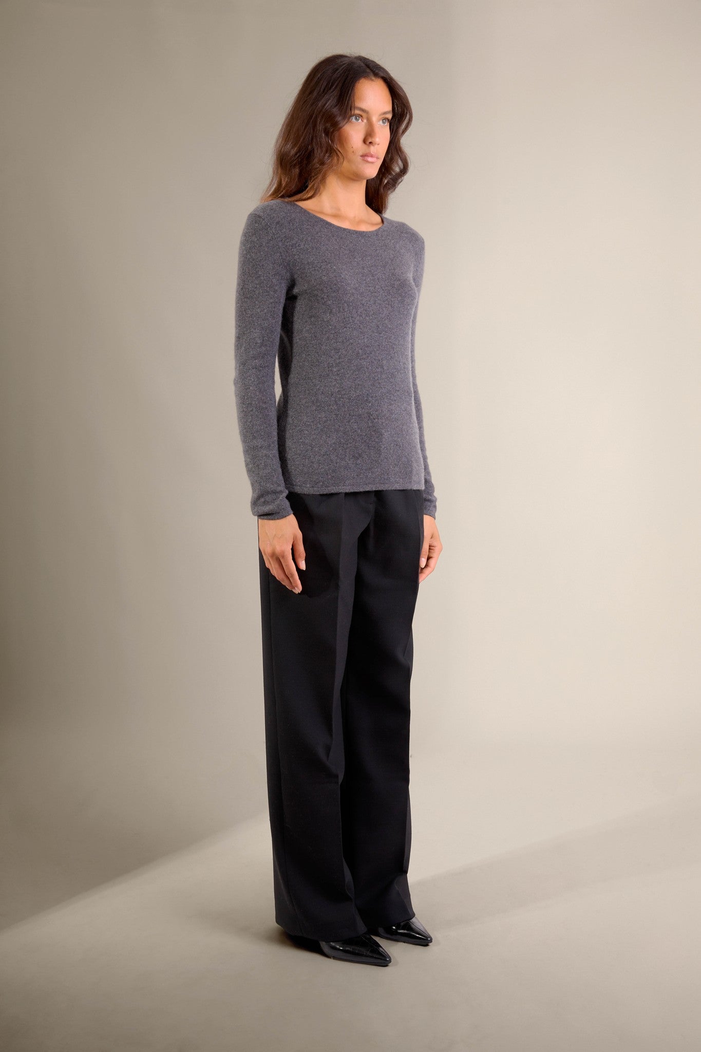 oprah pull col rond anthracite chiné 100% cachemire