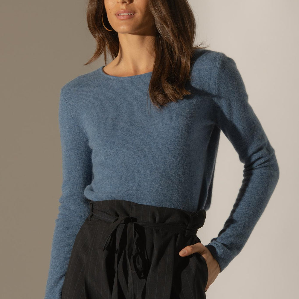 OPRAH pull col rond bleu denim 100% cachemire