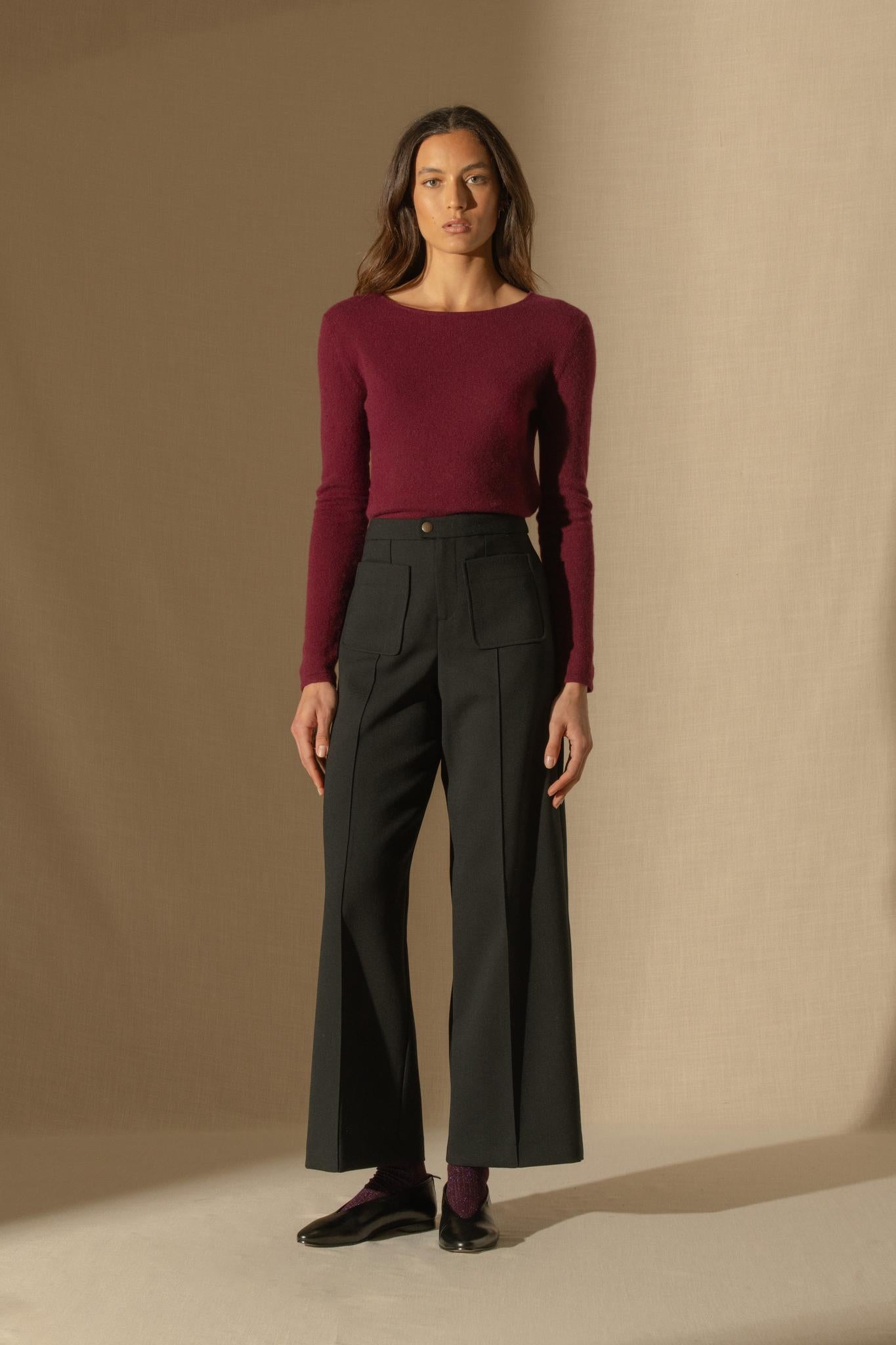 OPRAH pull col rond bordeaux 100% cachemire