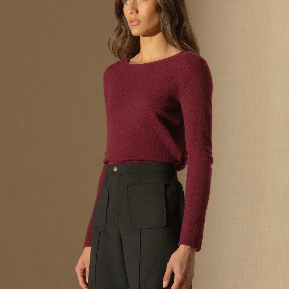 OPRAH pull col rond bordeaux 100% cachemire