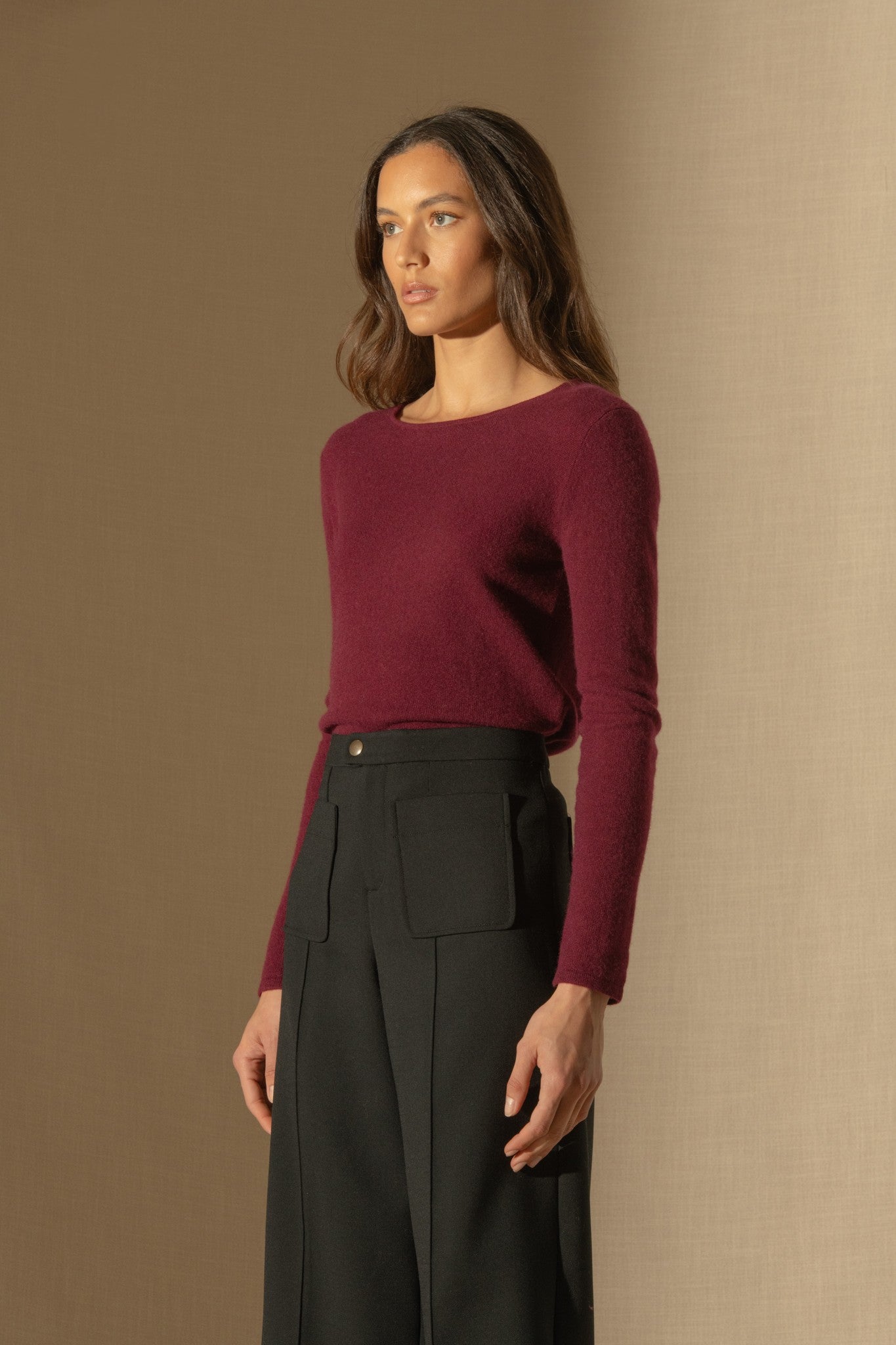 oprah pull col rond bordeaux 100% cachemire