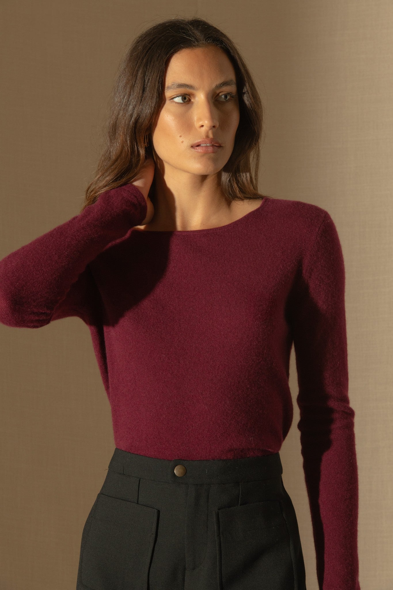 oprah pull col rond bordeaux 100% cachemire