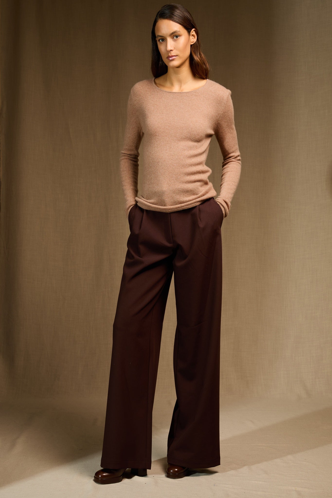 oprah pull col rond camel chiné 100% cachemire