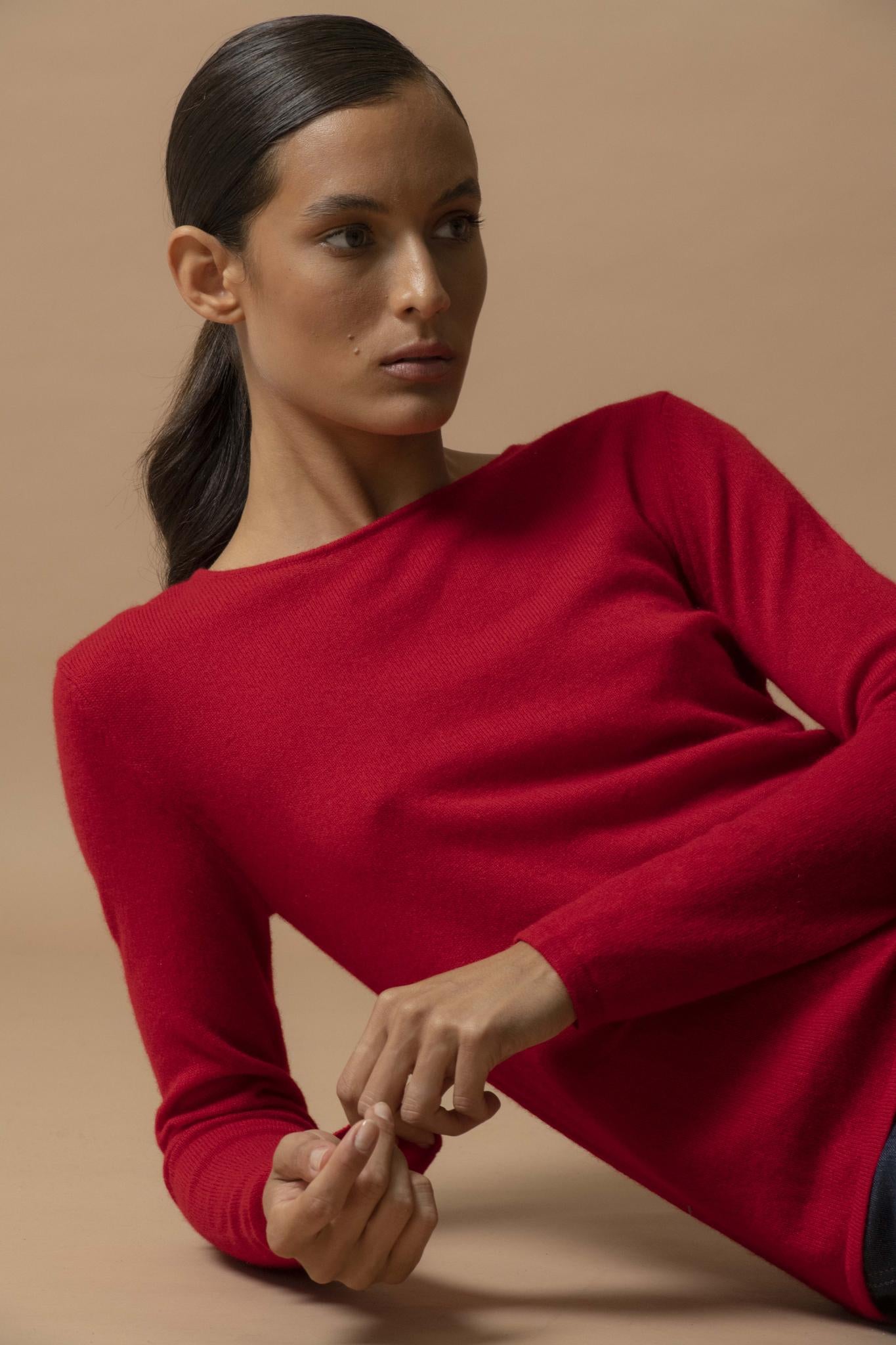 OPRAH pull col rond rouge 100% cachemire