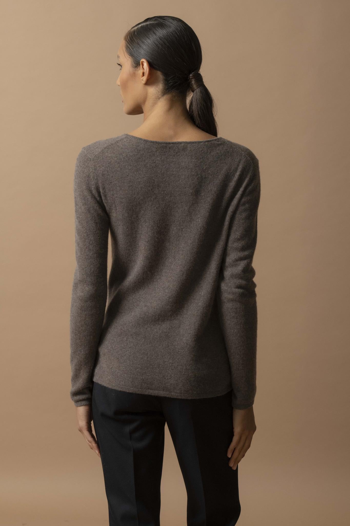 OPRAH pull col rond taupe chiné 100% cachemire