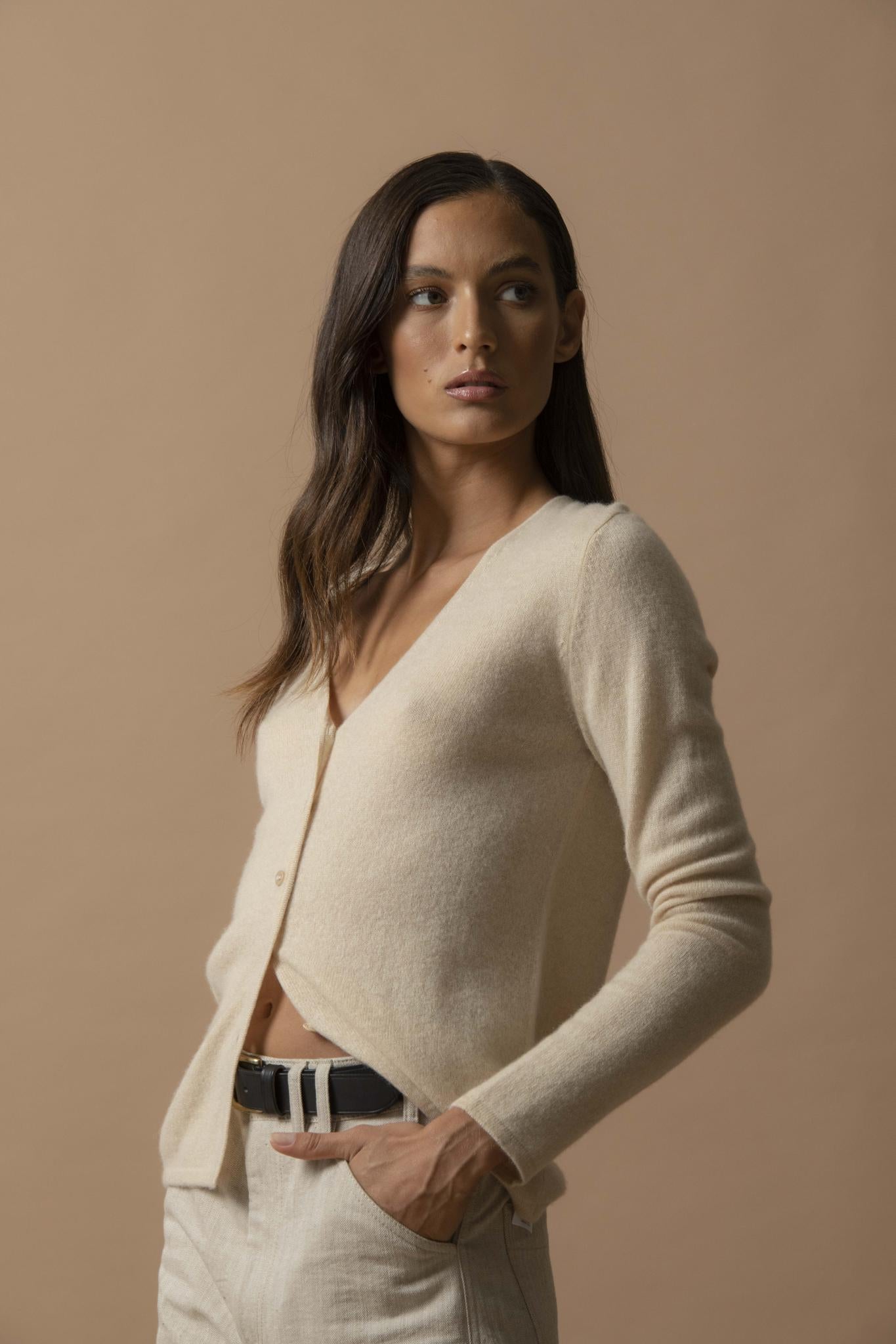 PAIGE cardigan col v sable 100% cachemire
