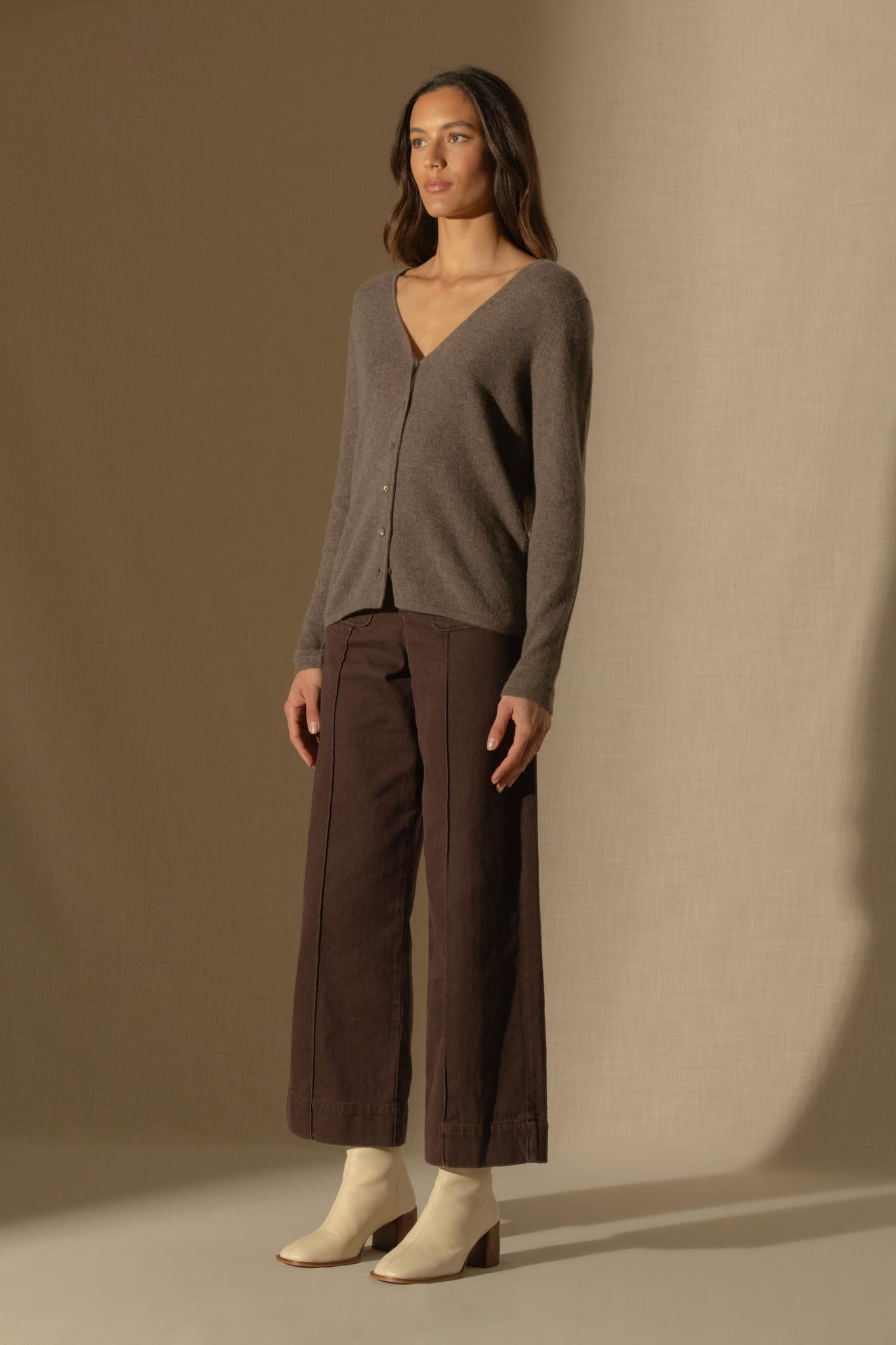 PAIGE cardigan col v taupe chiné 100% cachemire