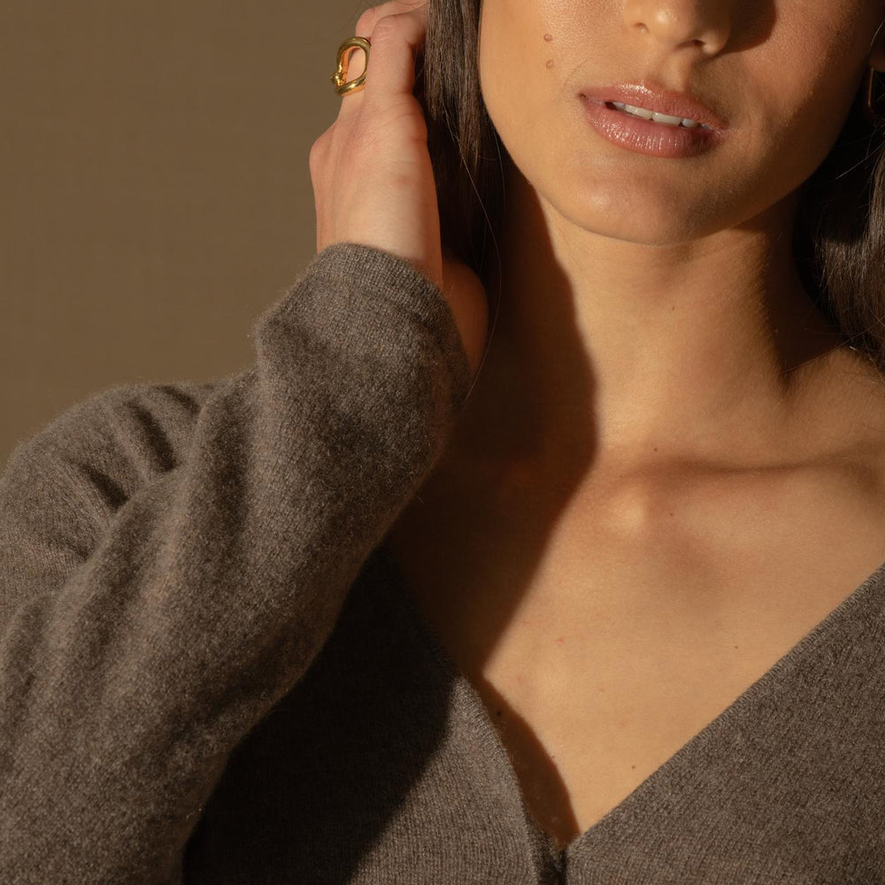 PAIGE cardigan col v taupe chiné 100% cachemire
