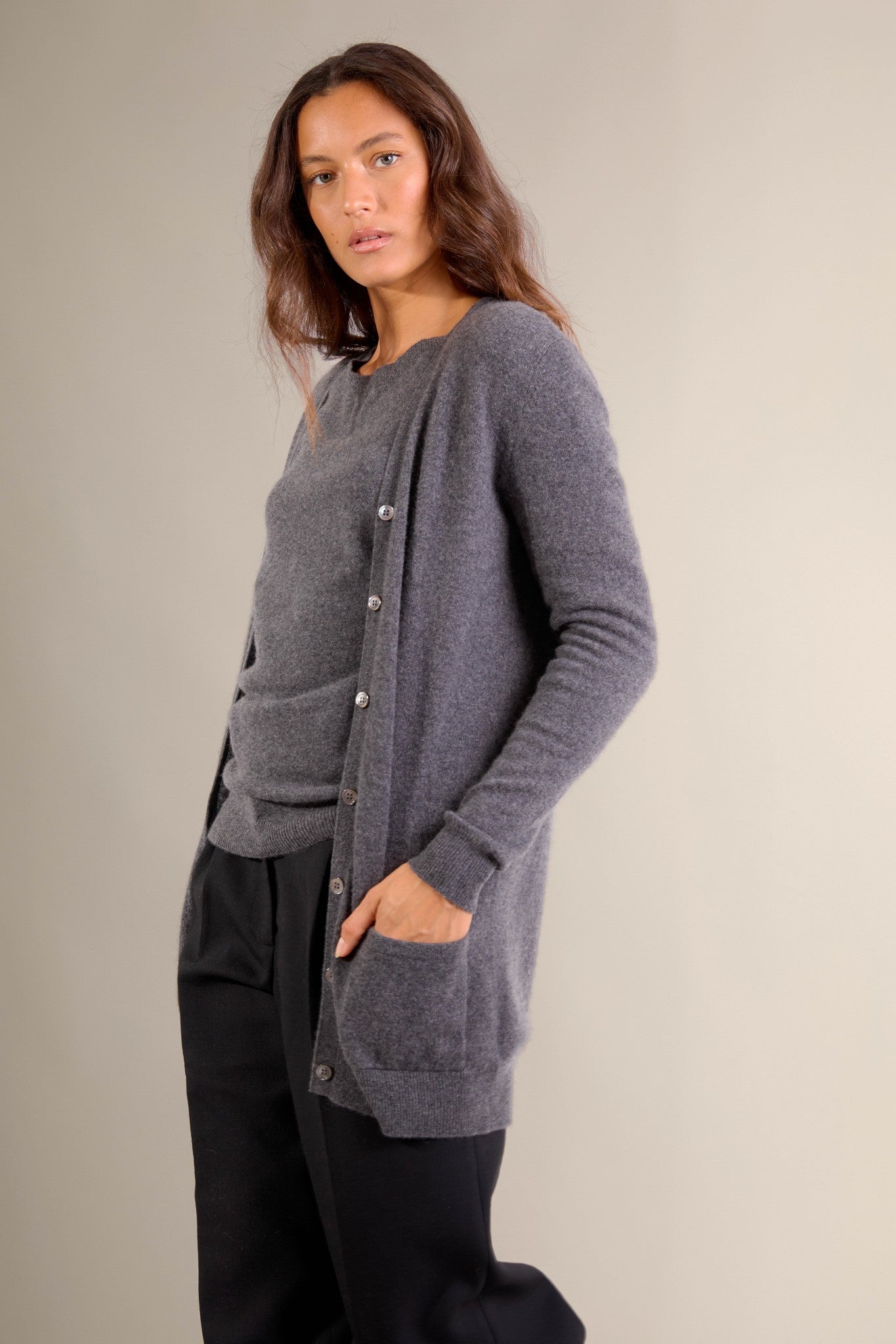 pearl cardigan col v anthracite chiné 100% cachemire