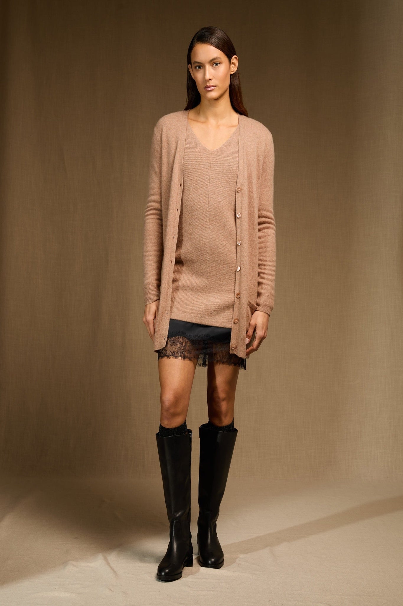 pearl cardigan col v camel chiné 100% cachemire