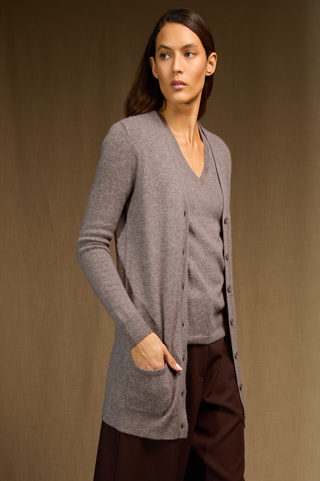 pearl cardigan col v caribou chiné 100% cachemire