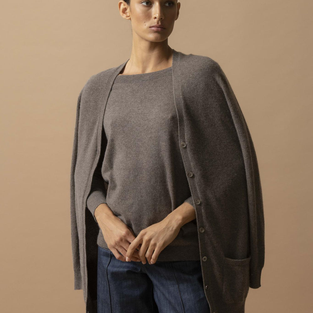 PEARL cardigan col v taupe chiné 100% cachemire