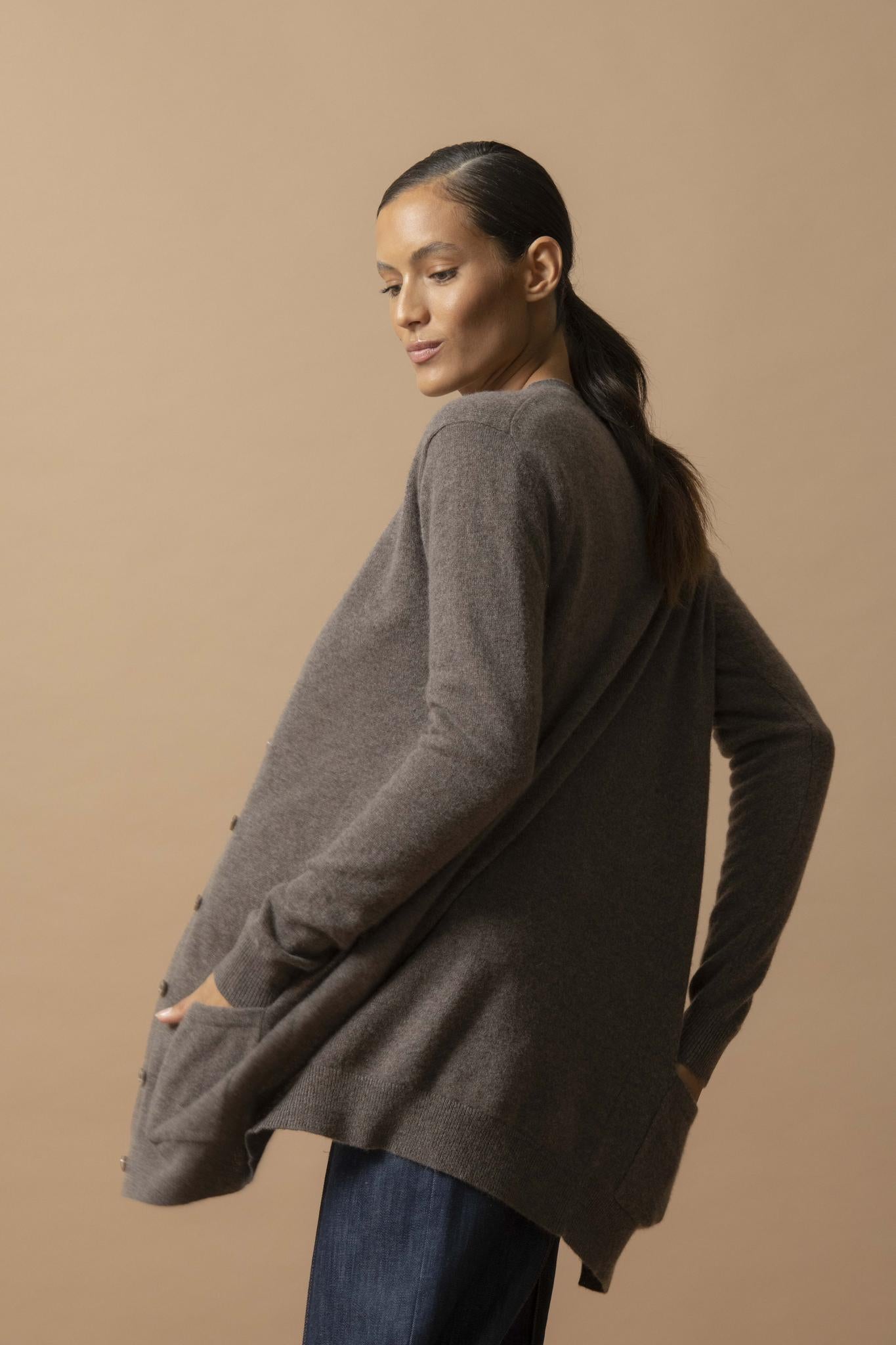 PEARL cardigan col v taupe chiné 100% cachemire