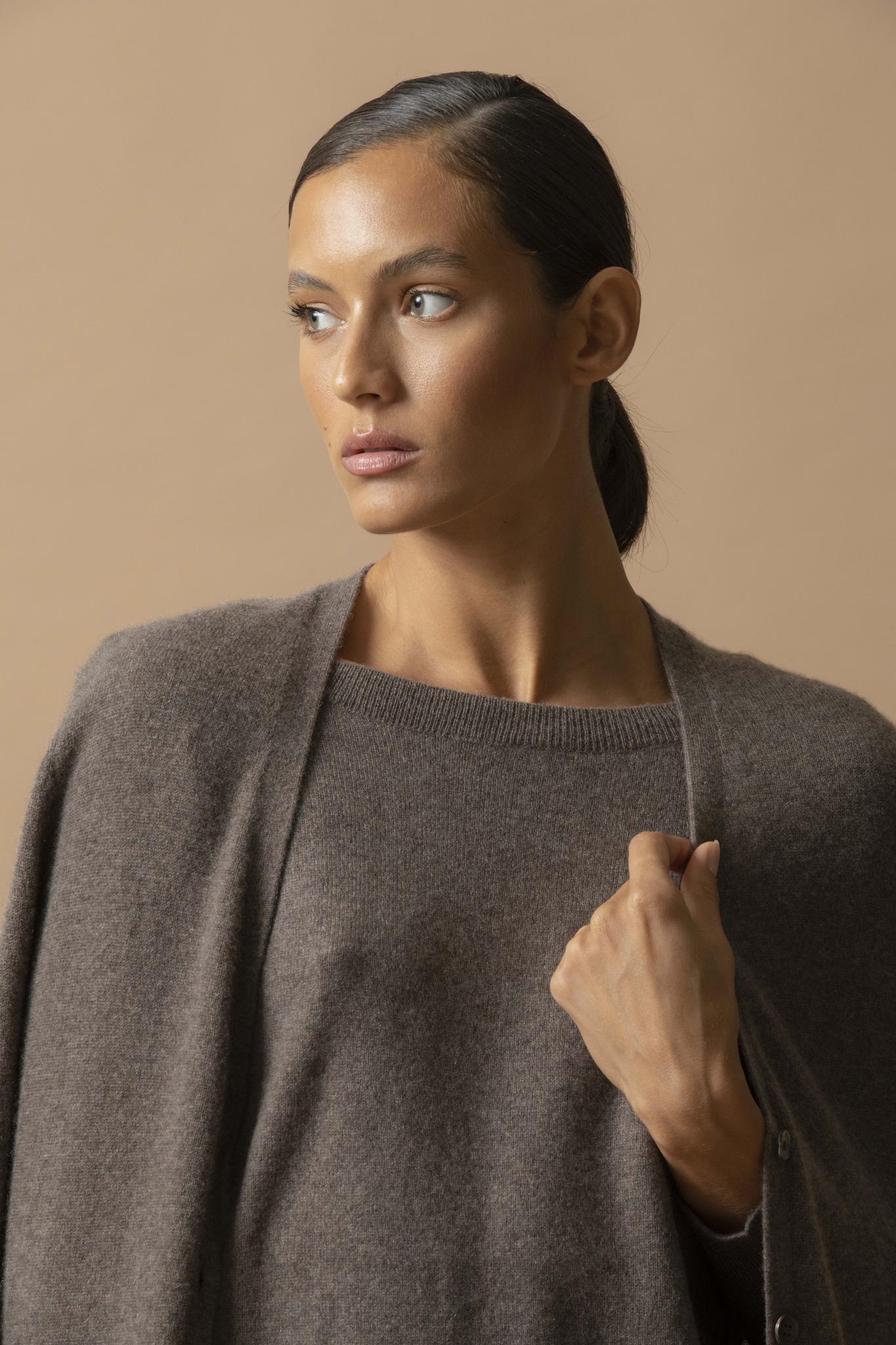 PEARL cardigan col v taupe chiné 100% cachemire