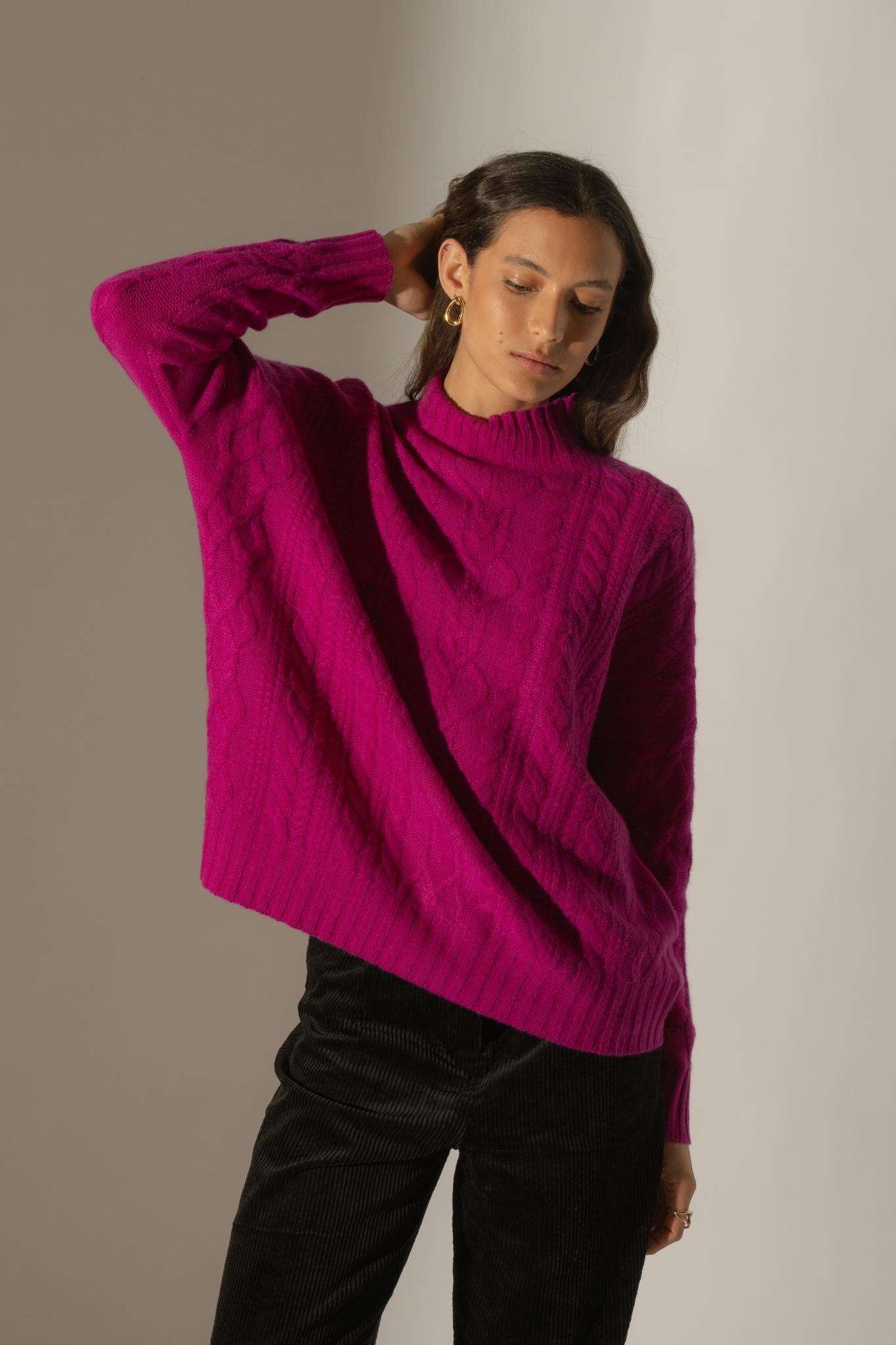 PEMALA pull col montant 6 fils violine 100% cachemire