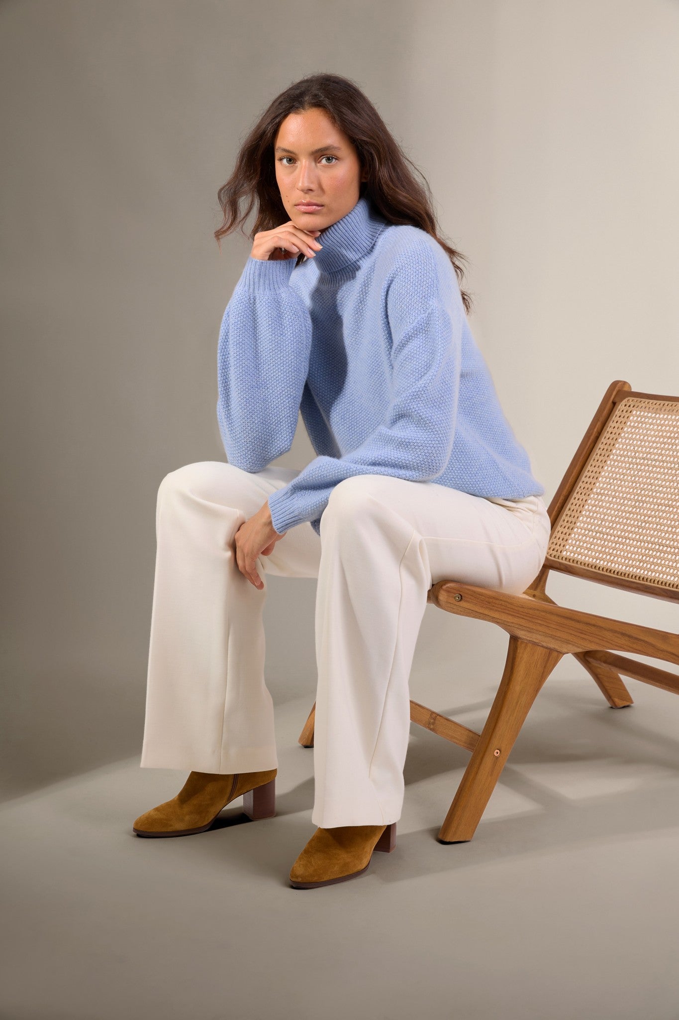 pemba pull col roulé 6 fils bleu ciel chiné 100% cachemire