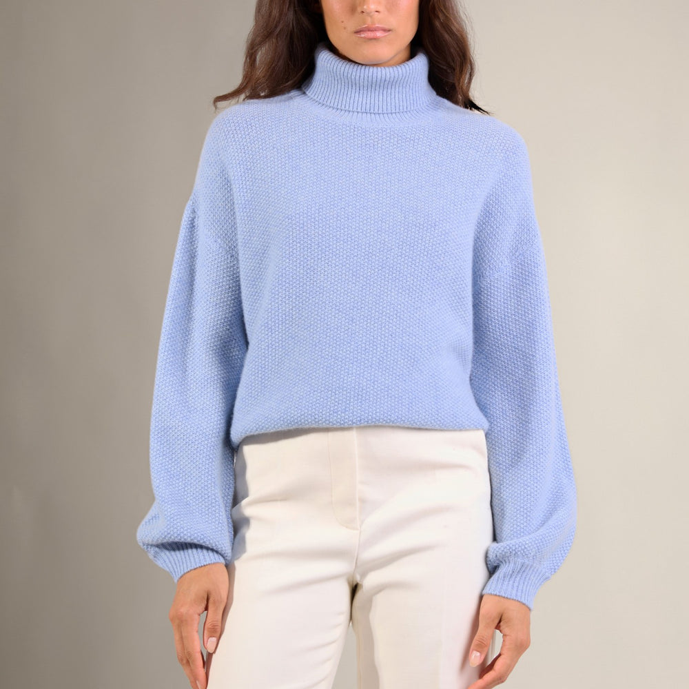pemba pull col roulé 6 fils bleu ciel chiné 100% cachemire