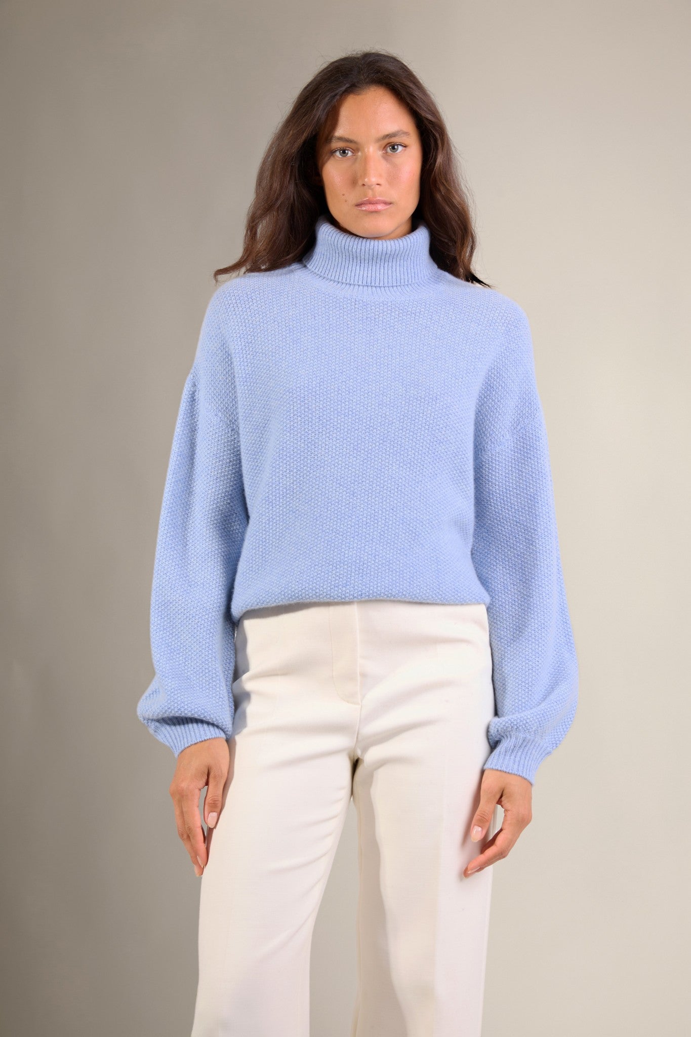 pemba pull col roulé 6 fils bleu ciel chiné 100% cachemire