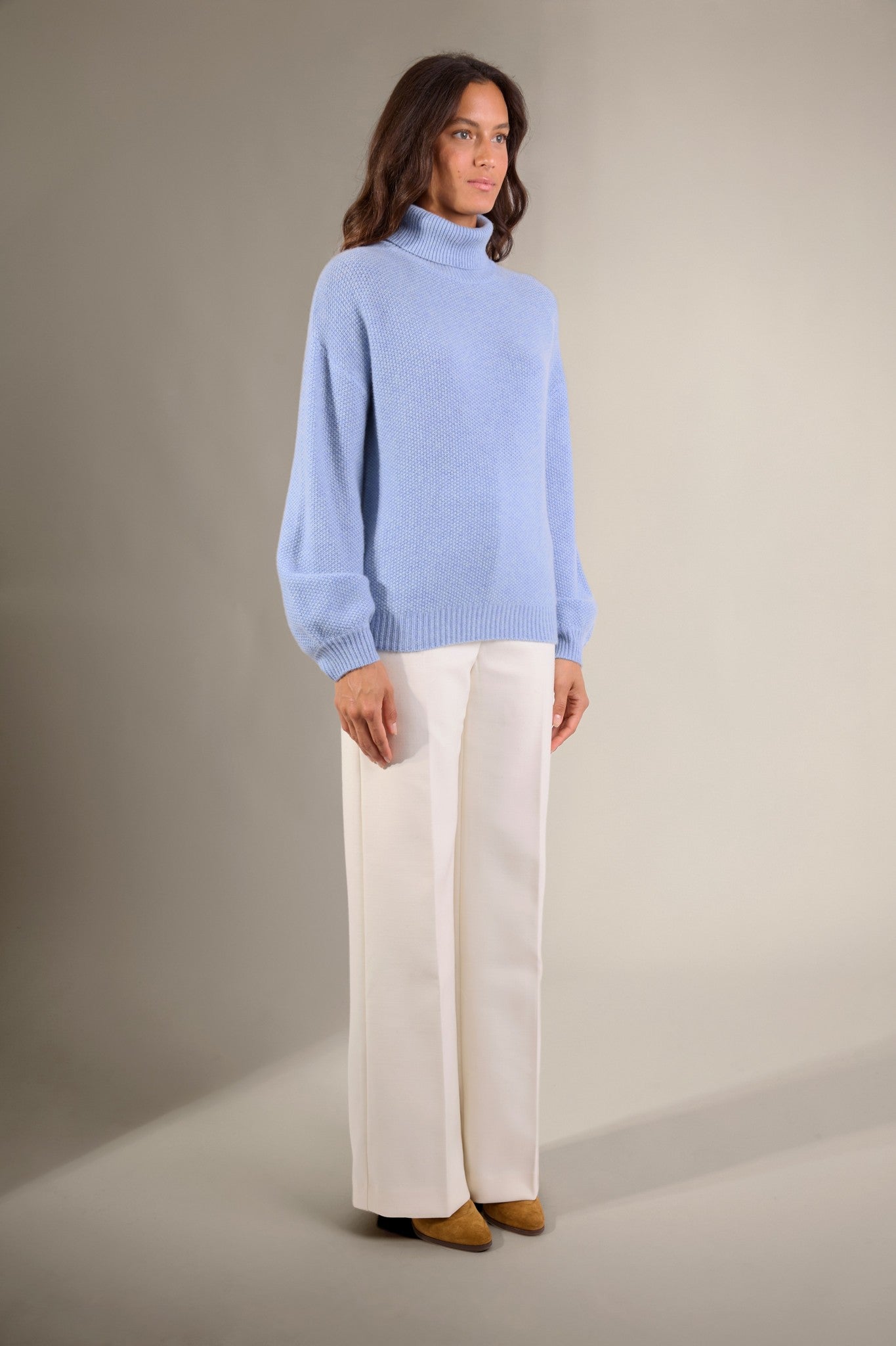 pemba pull col roulé 6 fils bleu ciel chiné 100% cachemire