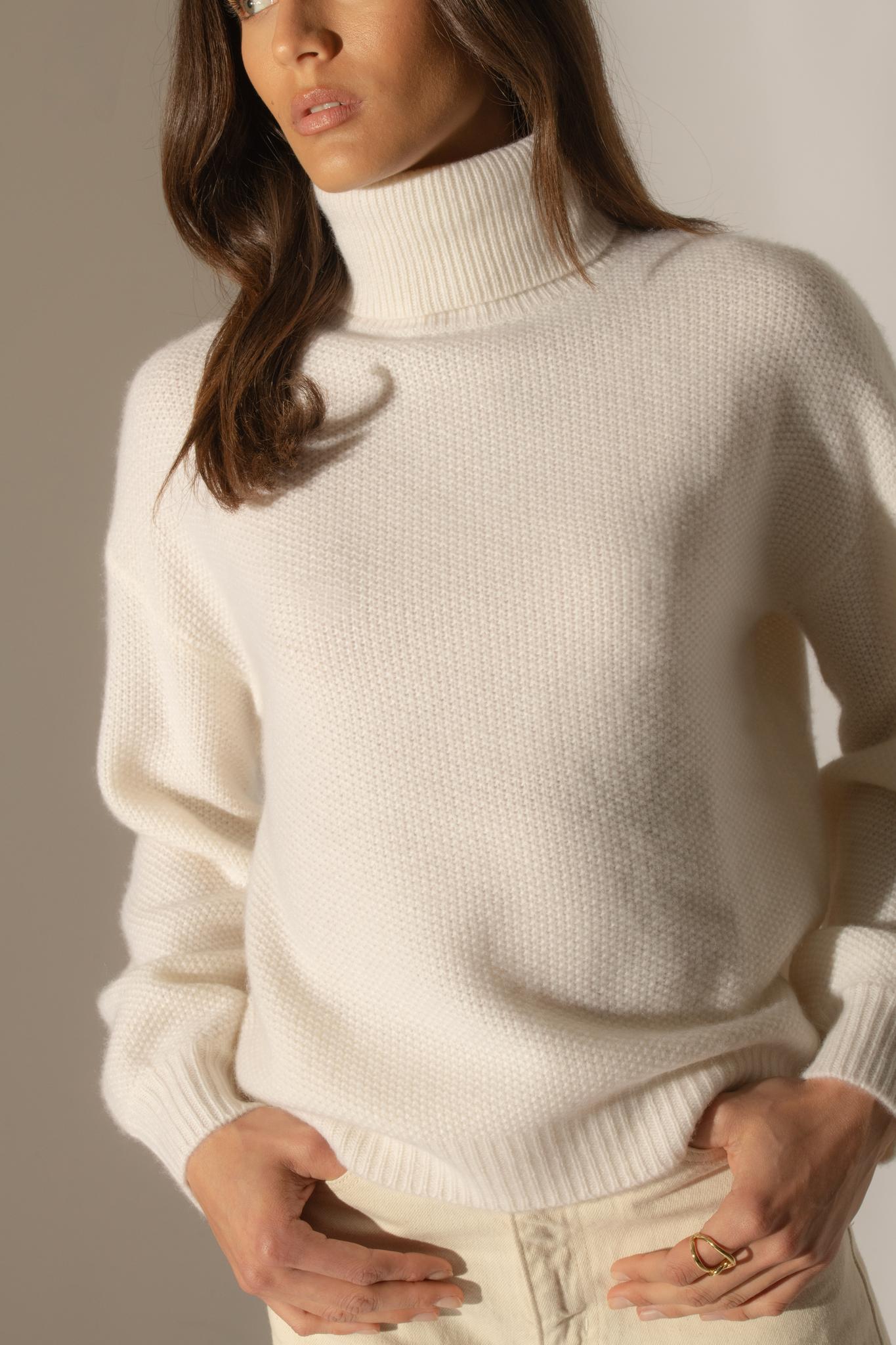 PEMBA pull col roulé 6 fils neige 100% cachemire