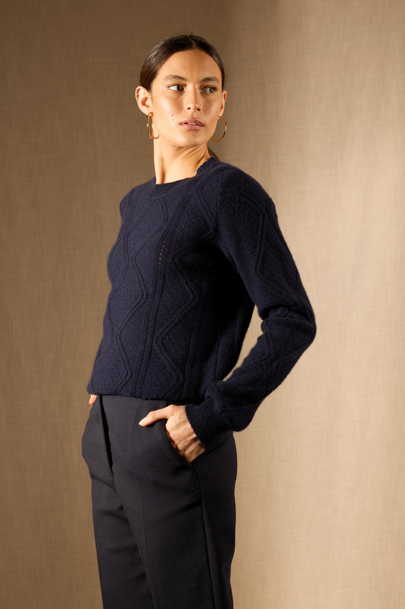 PENDEN pull col rond 4 fils navy 100% cachemire