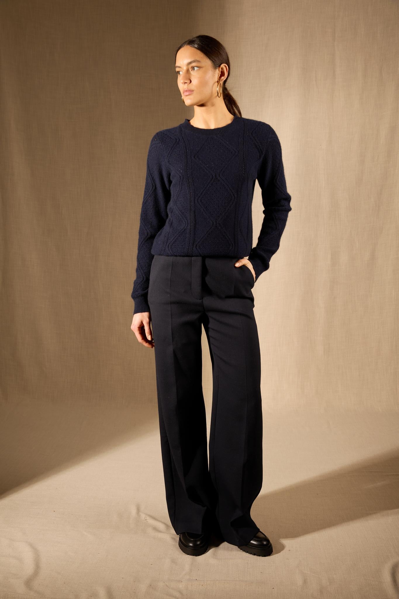 PENDEN pull col rond 4 fils navy 100% cachemire